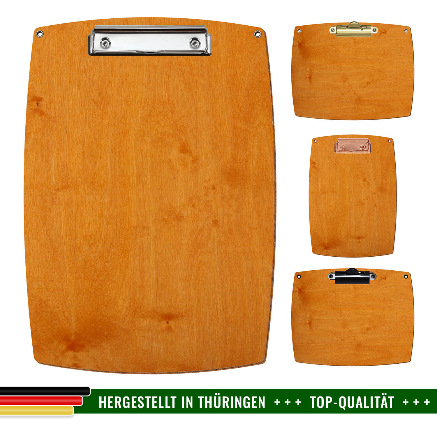 Klemmbrett konvex Toscana mit Ösen aus Holz in honigbrauner Optik, mit silbernem Metallclip oben, drei kleinere Ansichten zeigen Varianten mit goldenem, rosé-goldenem und schwarzem Clip