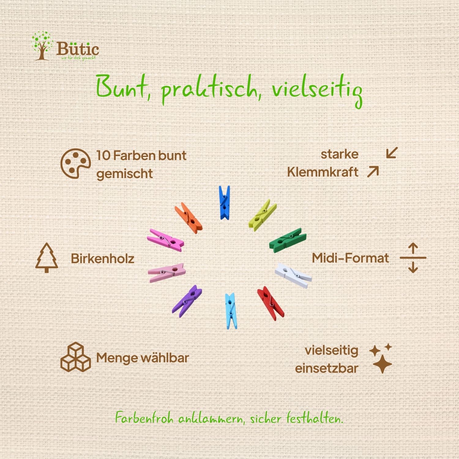 Bütic Midi-Holzwäscheklammern aus Birke, 35 mm, im Kreis angeordnet in 10 bunten Farben mit Produktmerkmalen als Infografik.