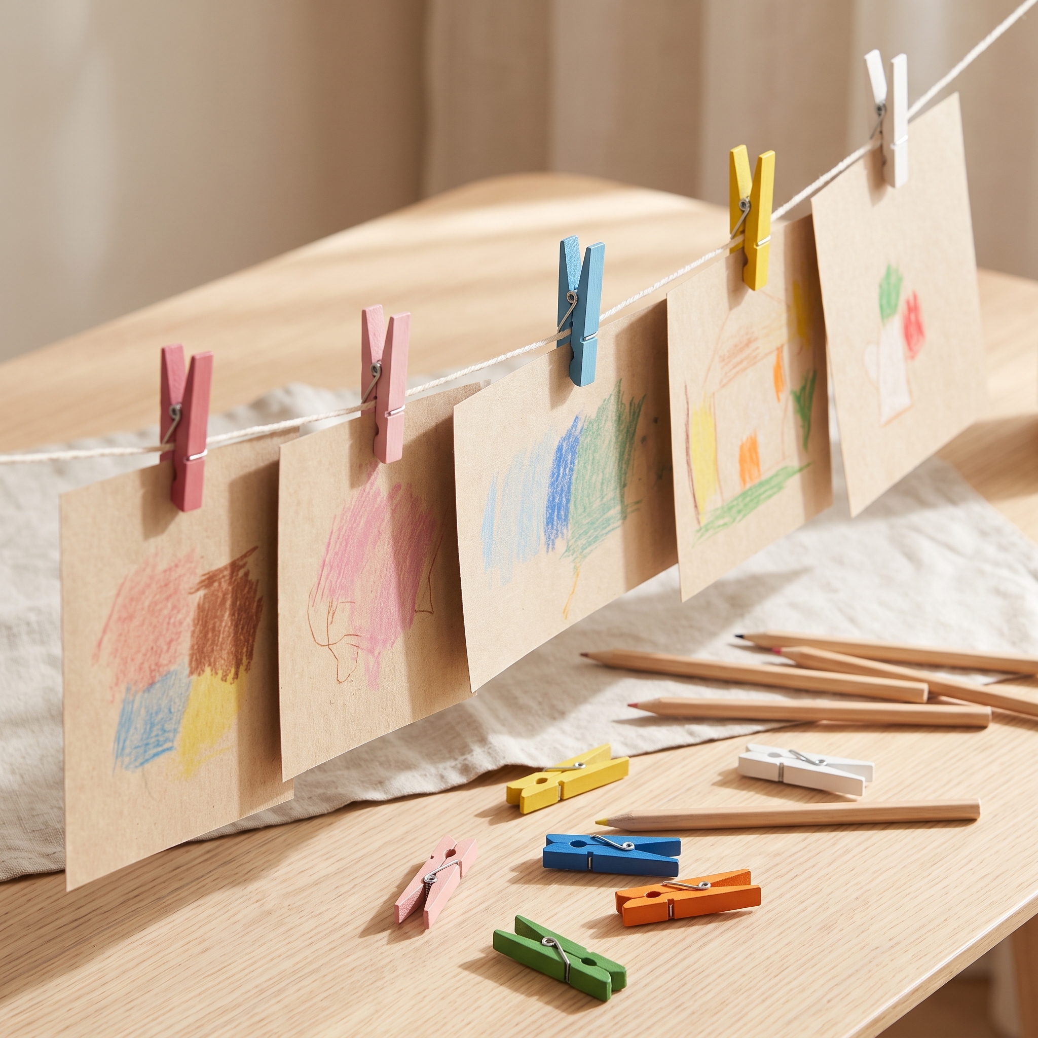 Bunte Holzwäscheklammern in Pink, Blau, Gelb, Orange, Grün und Weiß – an Schnur mit Kinderzeichnungen, weitere Klammern auf Holztisch.