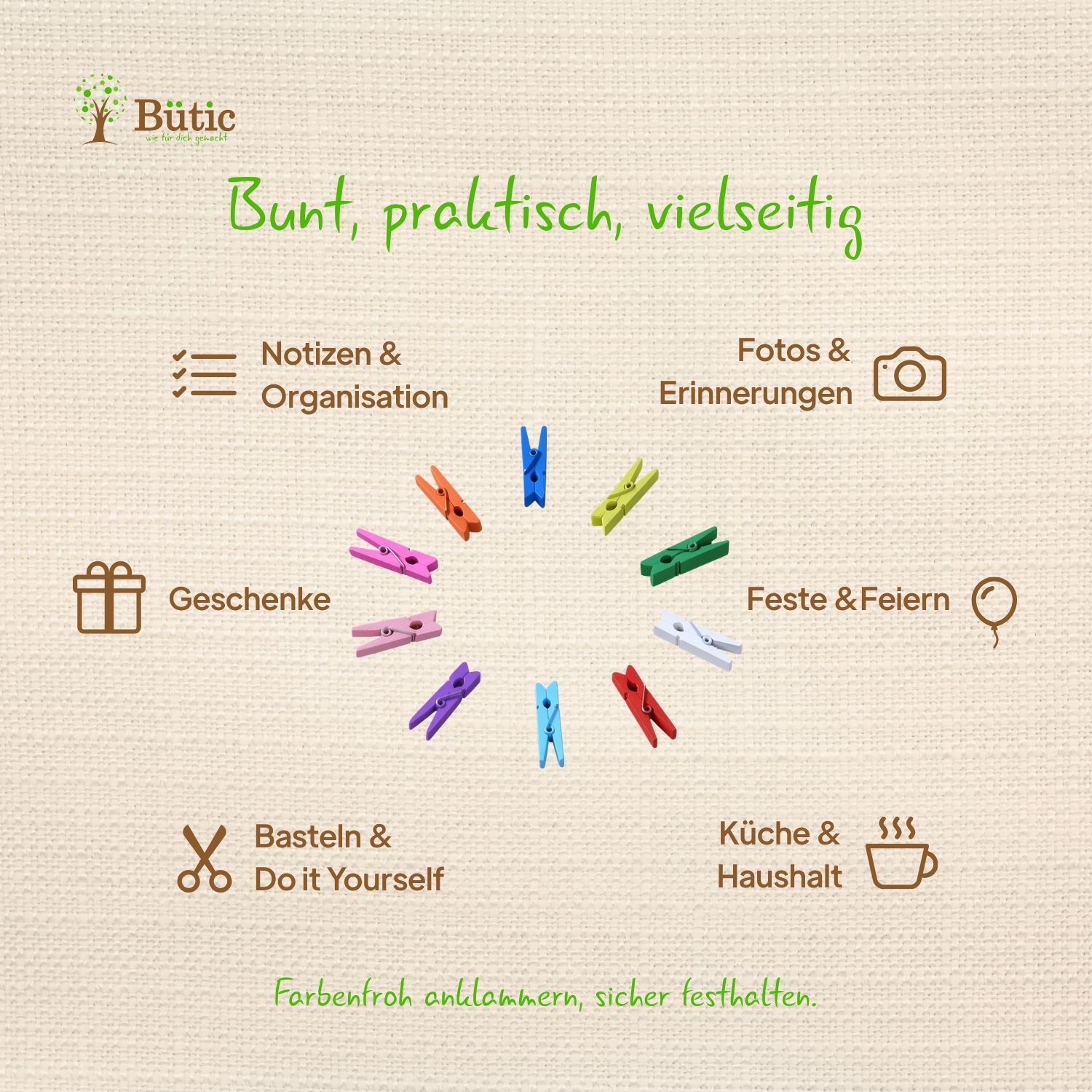 Bunte Holz-Wäscheklammern in 10 Farben im Kreis angeordnet, mit Anwendungsbeispielen: Notizen, Fotos, Geschenke, Basteln, Küche, Feste.