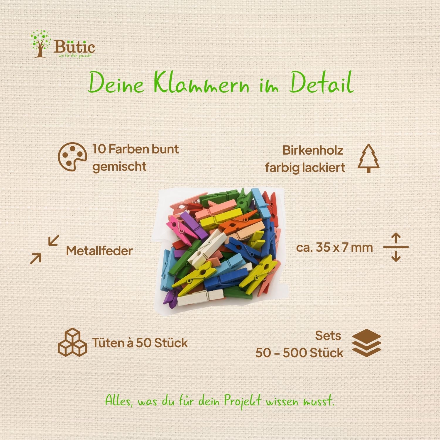 Bunte Mini-Holzwäscheklammern aus Birkenholz, 35×7 mm, in 10 Farben gemischt, mit Metallfeder, als Produktdetail-Infografik.