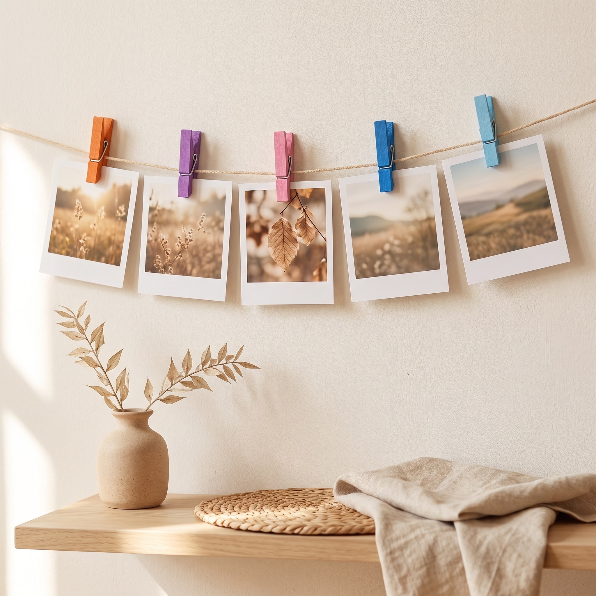 Bunte Midi Holzklammern befestigen Fotos an einer Bilderleine vor heller Wand