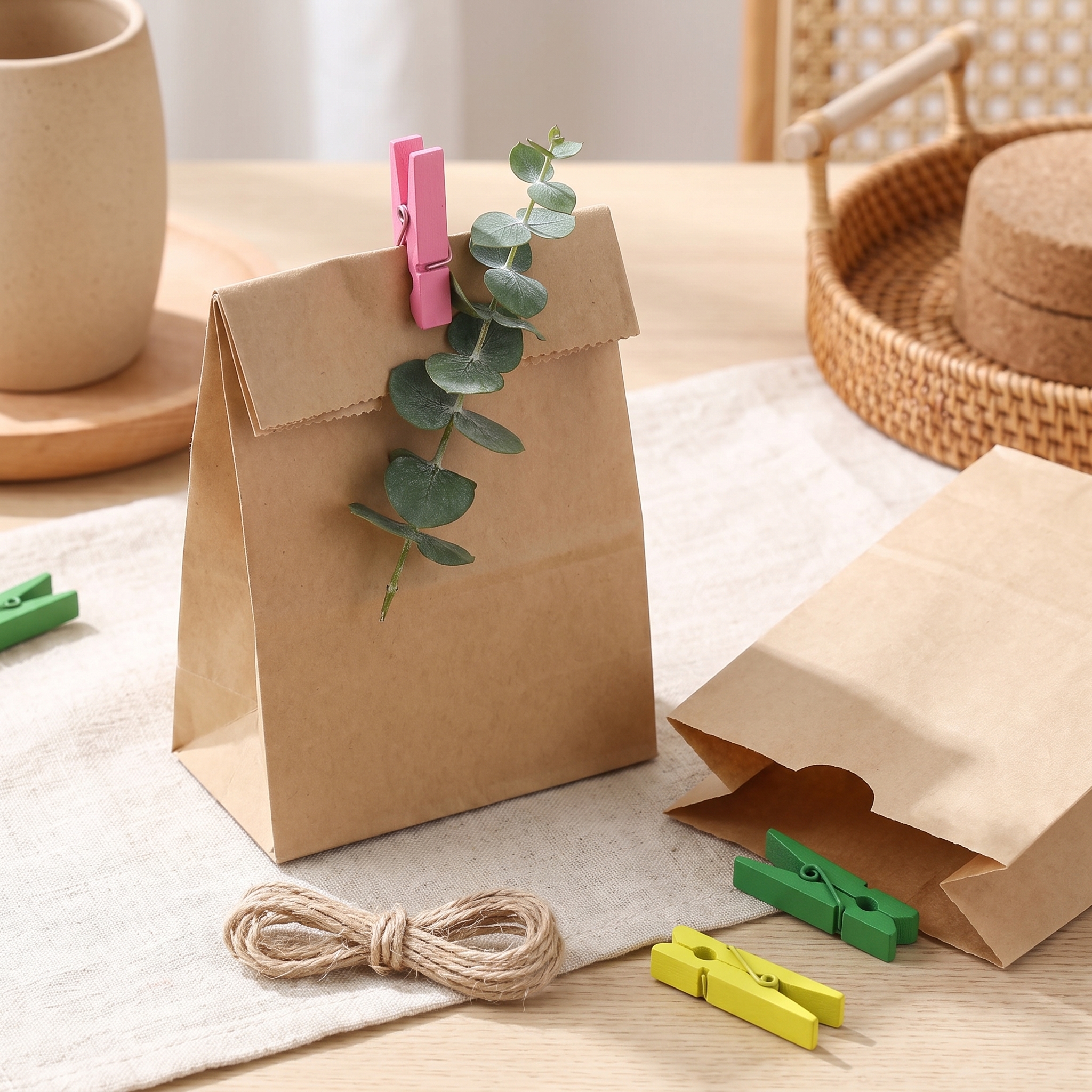 Farbige Midi Holzklammer verschließt eine Geschenktüte aus Kraftpapier mit Eukalyptuszweig