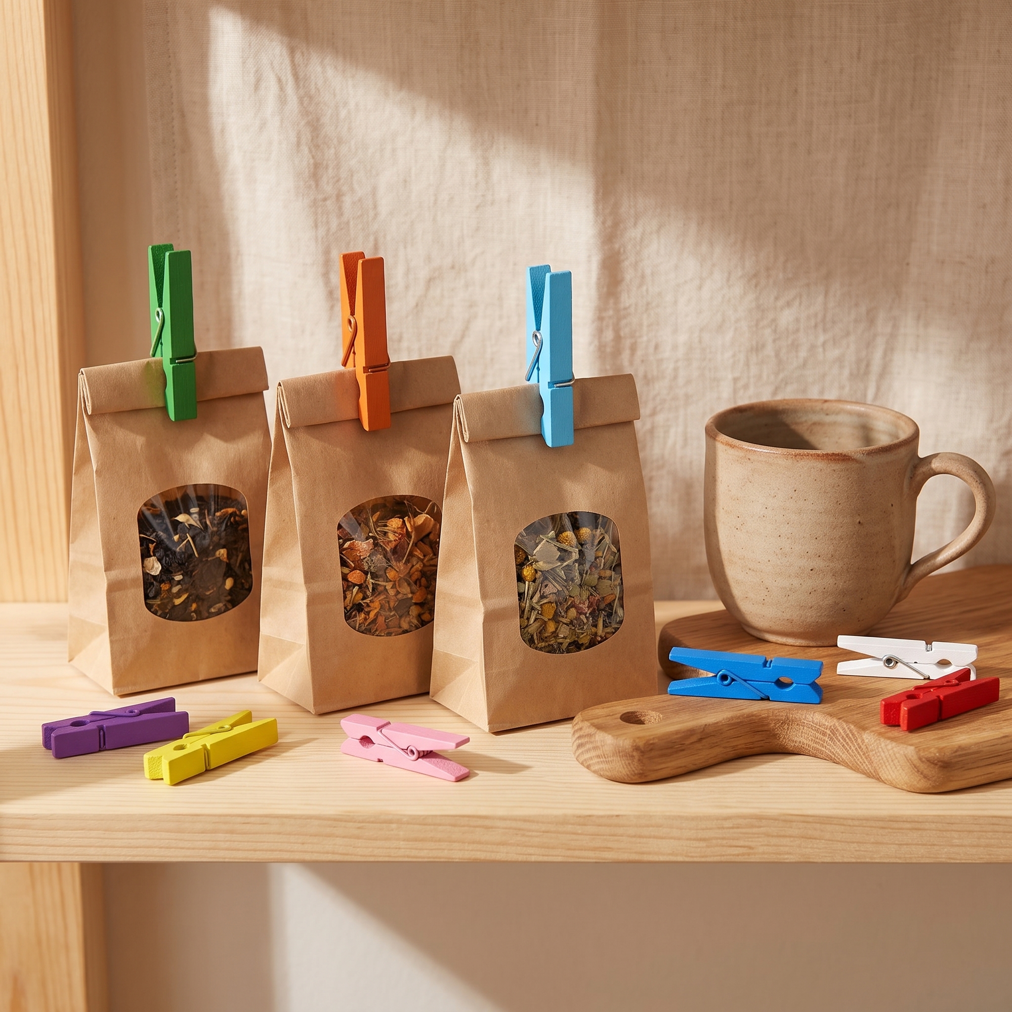 Bunte Midi Holzklammern verschließen Papiertüten mit Tee und Kräutern im Küchenregal