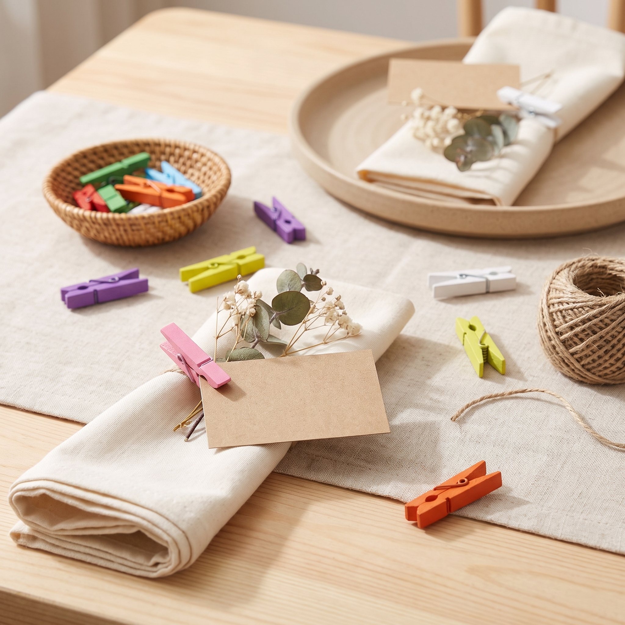 Farbige Midi Holzklammern halten Kraftpapier-Kärtchen an Stoffservietten auf festlich gedecktem Tisch