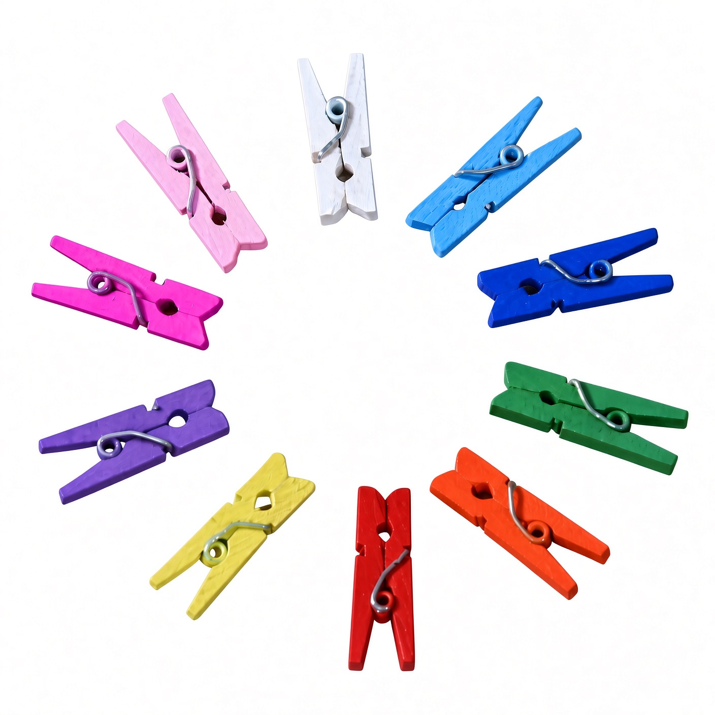 10 bunte Mini-Holzdekoklammern in Pink, Weiß, Blau, Dunkelblau, Grün, Orange, Rot, Gelb, Lila und Magenta im Kreis angeordnet