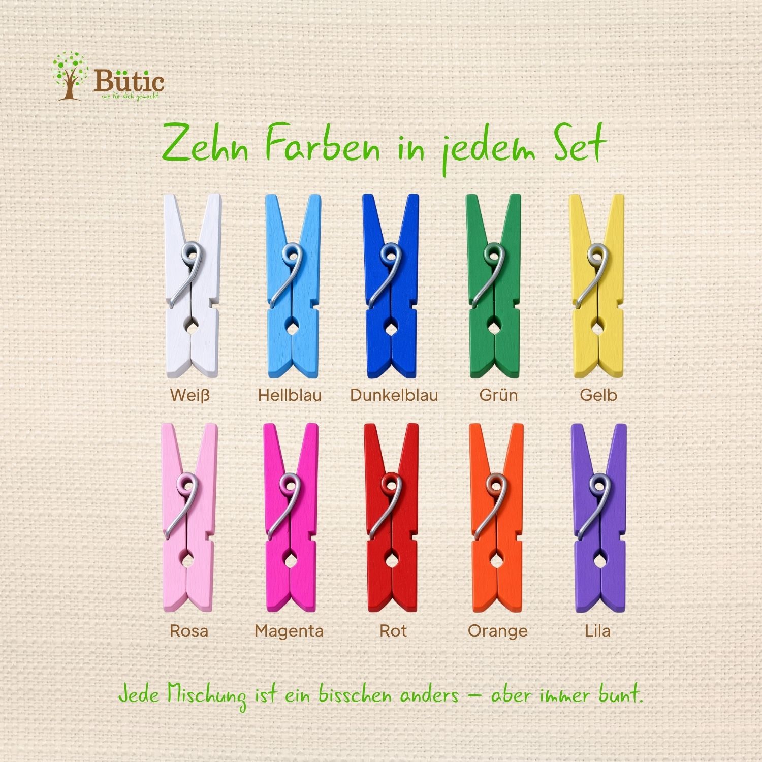 10 bunte Mini-Holzdekoklammern in Weiß, Hellblau, Dunkelblau, Grün, Gelb, Rosa, Magenta, Rot, Orange und Lila mit Metallfeder