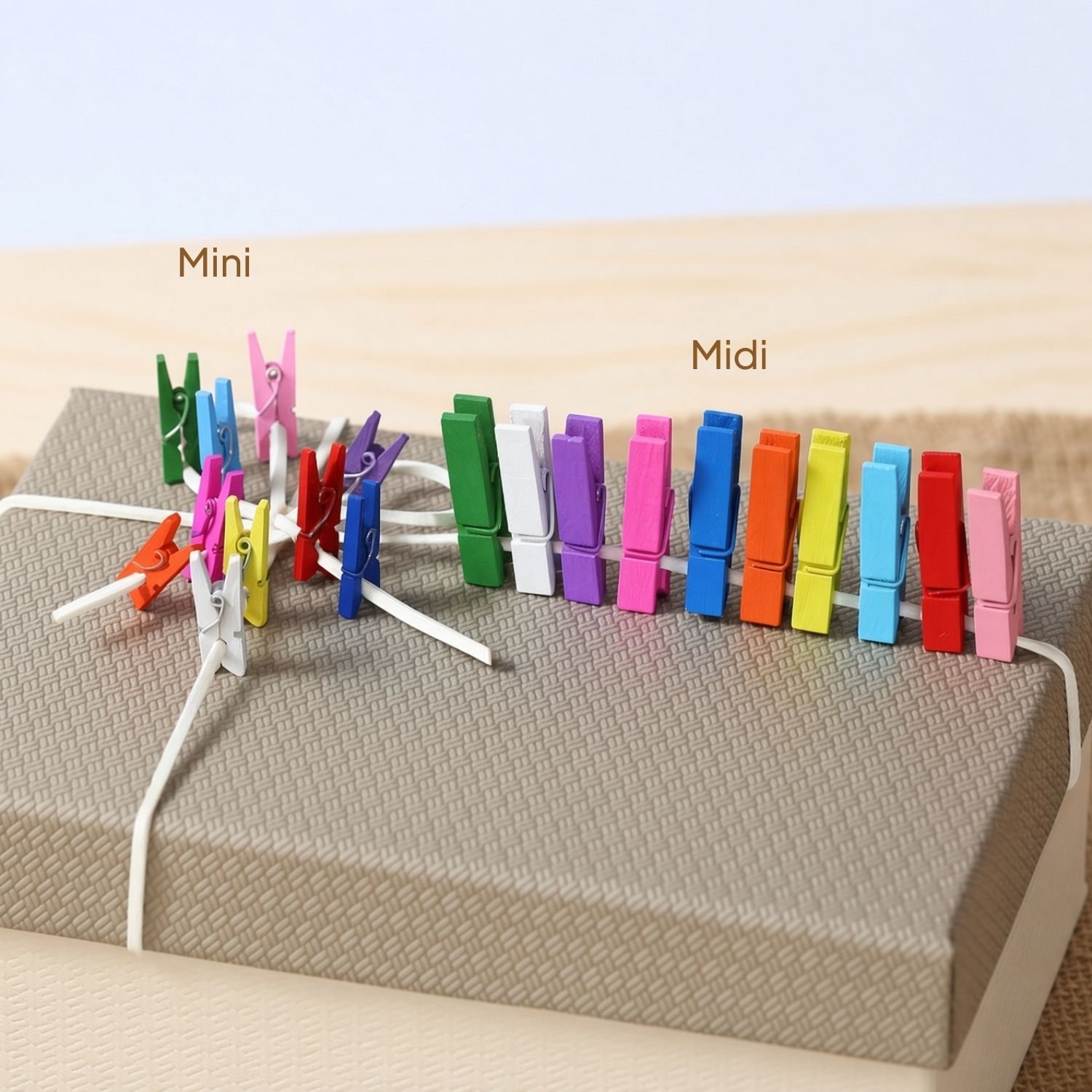 Bunte Holz-Dekoklammern in Mini- und Midi-Größe auf einer Schnur, aufgereiht auf einer beigen Box, Farben: grün, pink, rot, blau, gelb, lila, orange
