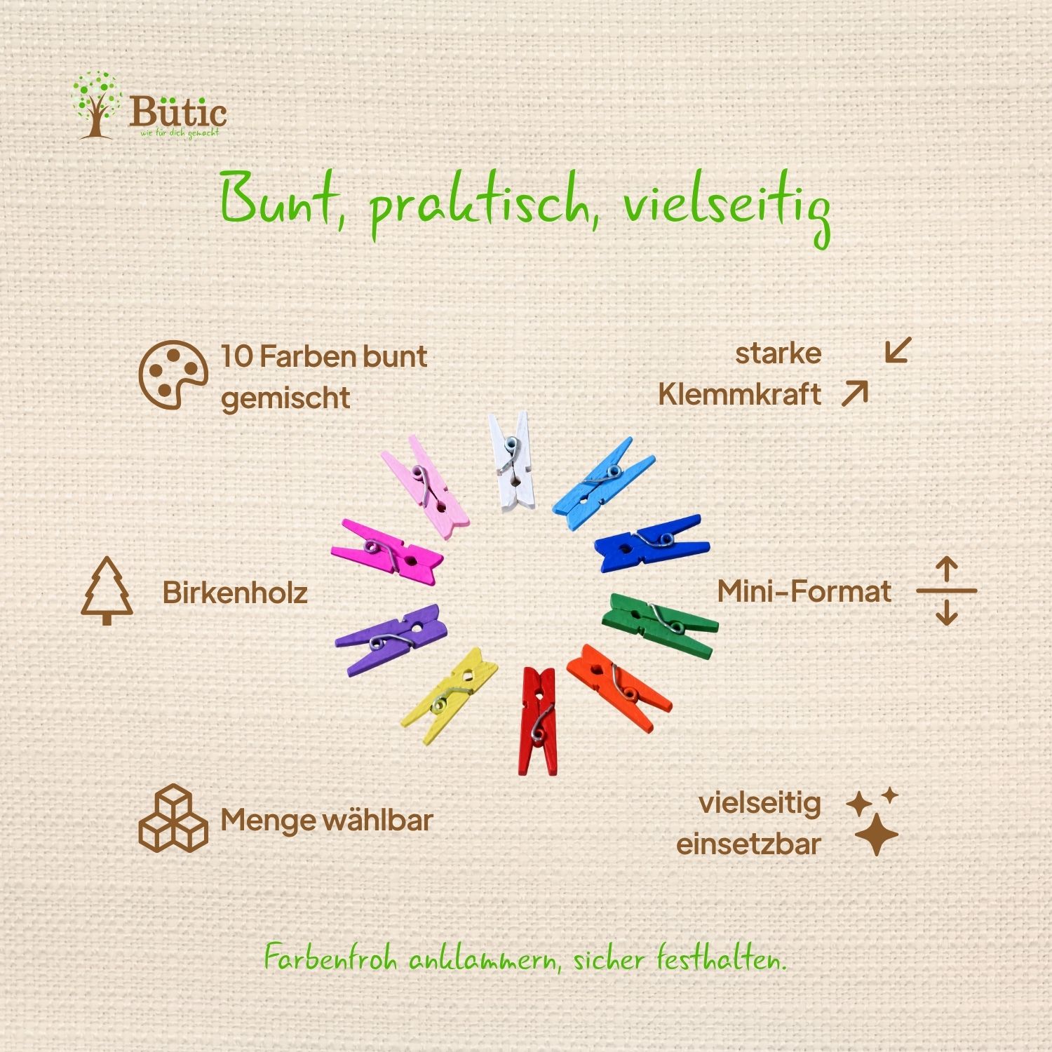 Bütic Mini-Holzdekoklammern aus Birke in 10 Farben im Kreis angeordnet: pink, weiß, blau, grün, orange, rot, gelb, lila, magenta und hellrosa.