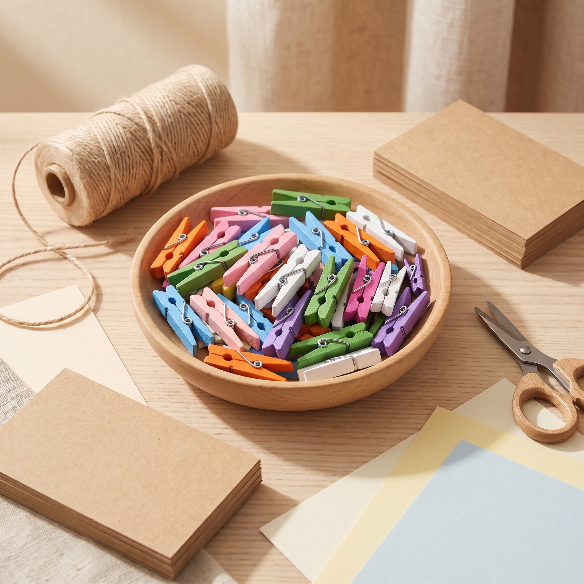 Bunte Mini-Wäscheklammern aus Birkenholz auf einem hellen Basteltisch mit Garn, Papier und Schere.