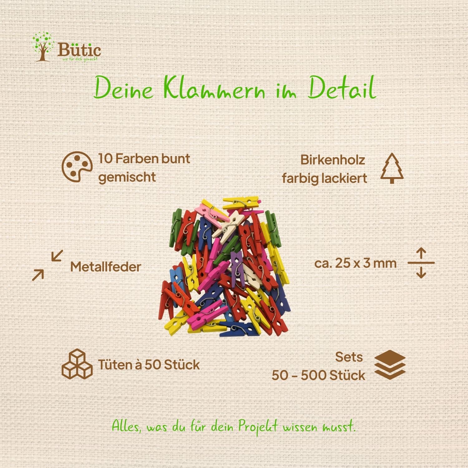 Haufen bunter Mini-Holzdekoklammern aus Birke, 25 mm, in 10 Farben mit Metallfeder, Infografik mit Produktdetails