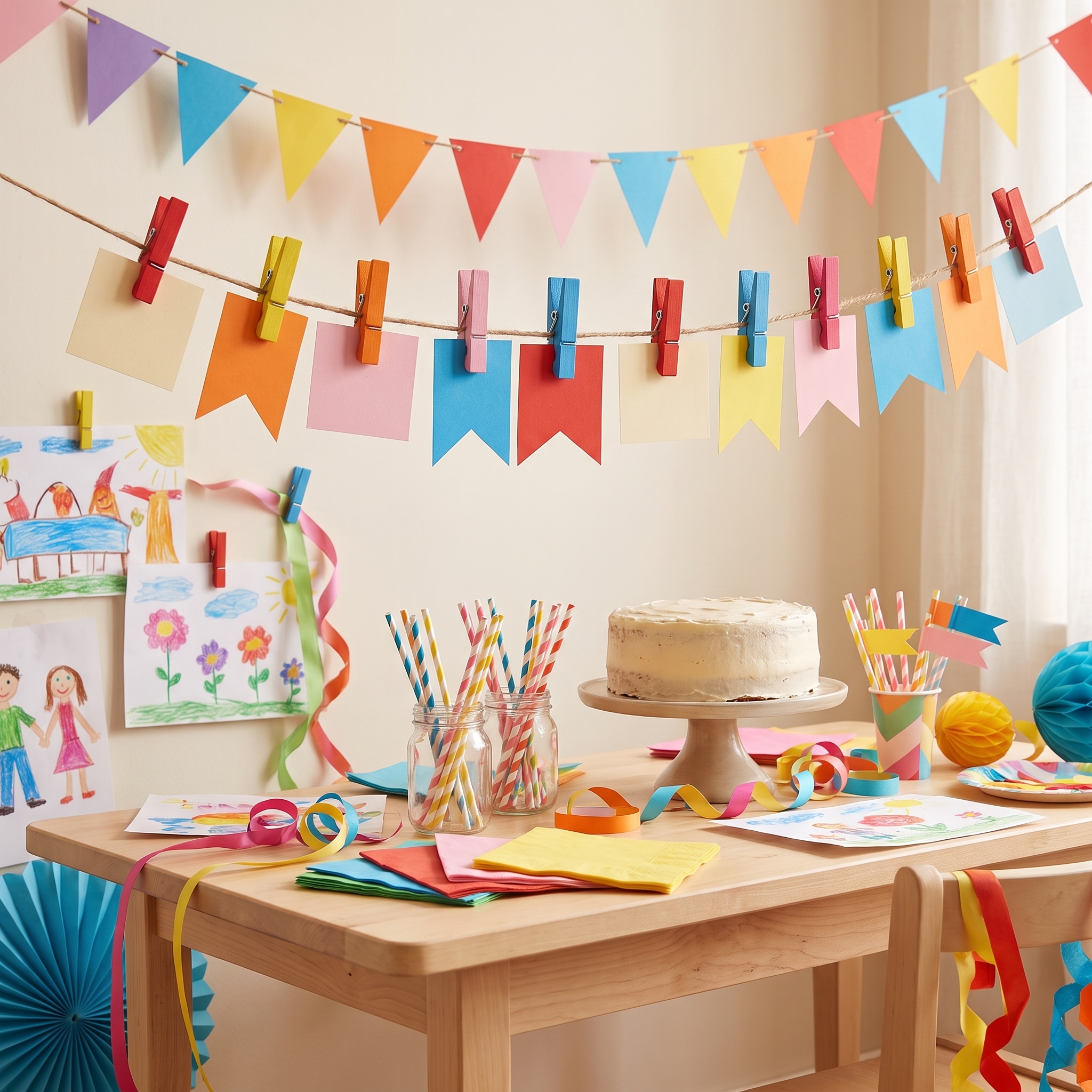Bunte Mini-Wäscheklammern aus Birkenholz halten Tischkärtchen an einem bunten Kindergeburtstagstisch.