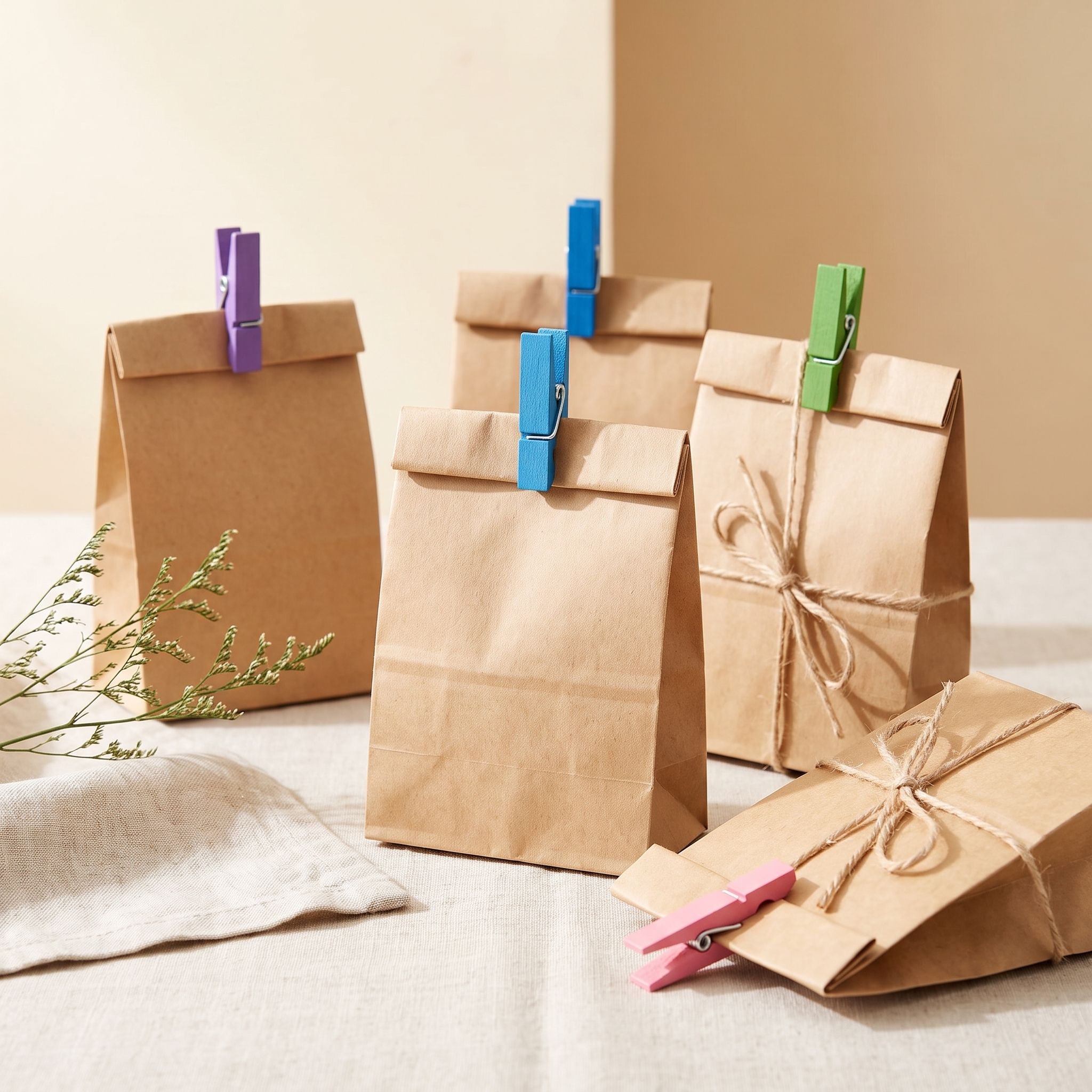 Kraftpapiertüten mit bunten Mini-Wäscheklammern aus Birkenholz verschlossen, auf hellem Leinen arrangiert.