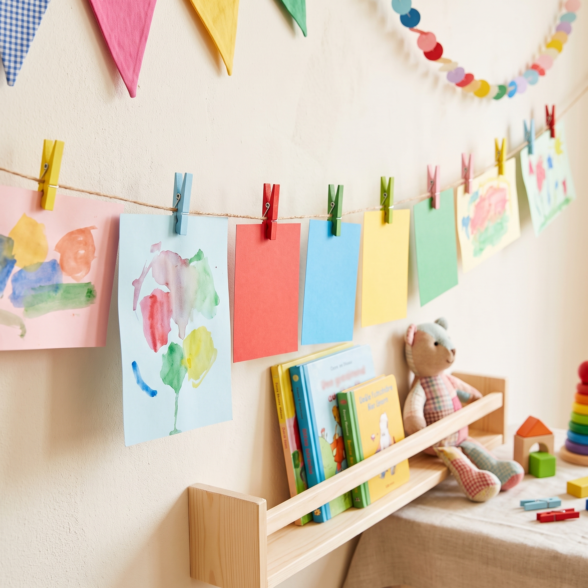 Bunte Mini-Wäscheklammern aus Birkenholz halten farbenfrohe Kinderzeichnungen an einer Schnur im Kinderzimmer.