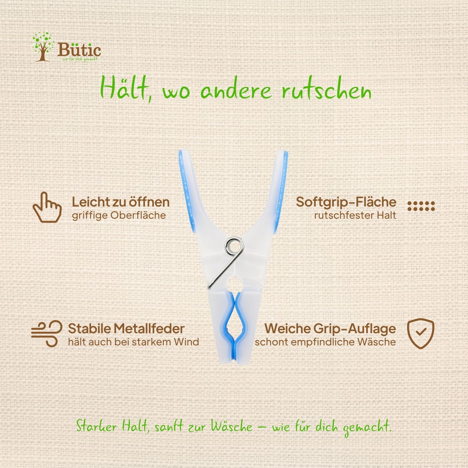 Wäscheklammer aus weißem Kunststoff mit blauen Softgrip-Auflagen und Metallfeder, geöffnet von vorne, mit Produktvorteilen beschriftet: leicht zu öffnen, Softgrip-Fläche, stabile Metallfeder, weiche Grip-Auflage
