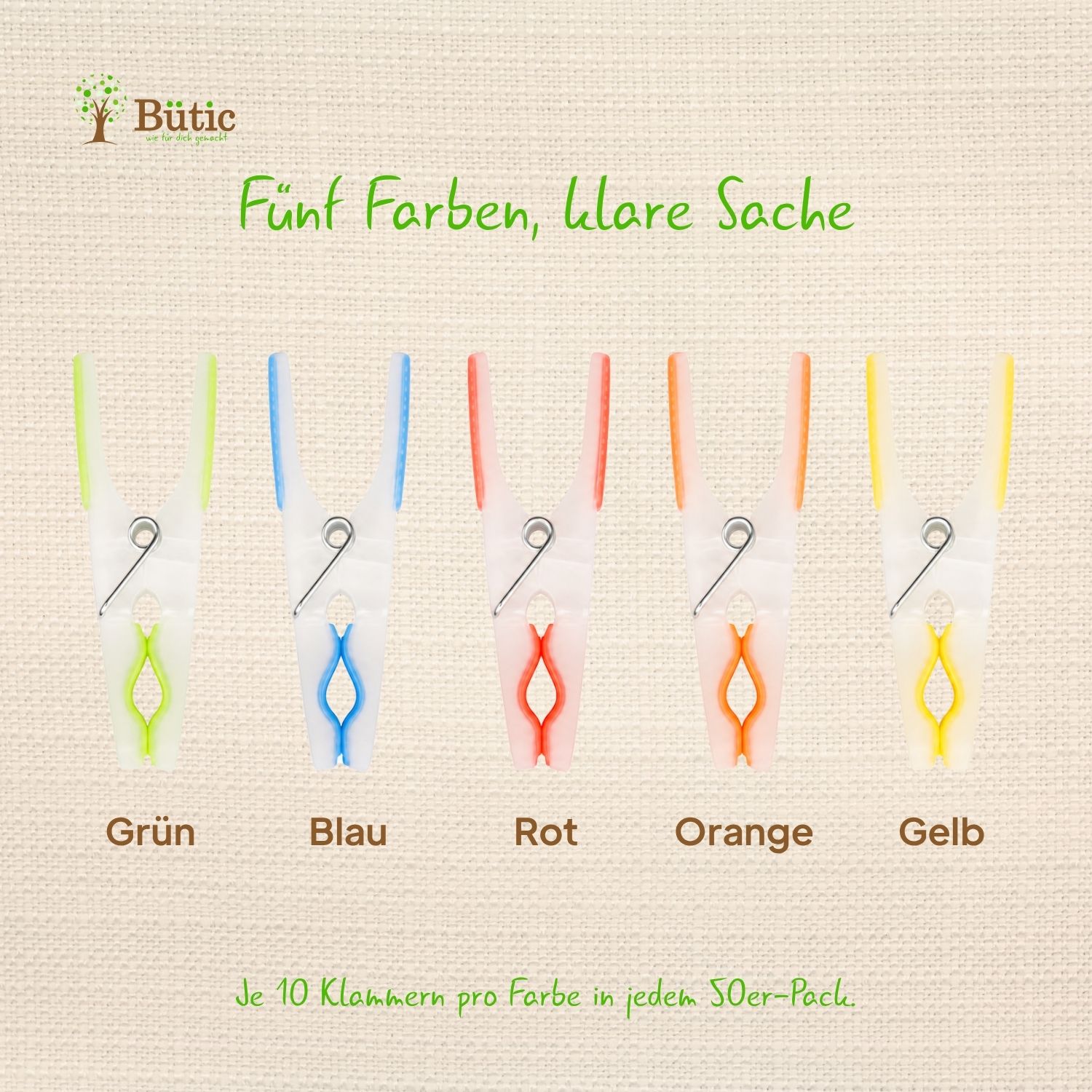 Fünf SoftGrip-Wäscheklammern aus Kunststoff nebeneinander in den Farben Grün, Blau, Rot, Orange und Gelb, jeweils mit transparentem Körper und farbigem Federsteg aus Metall, beschriftet mit Farbnamen und Hinweis auf 10 Klammern pro Farbe im 50er-Pack