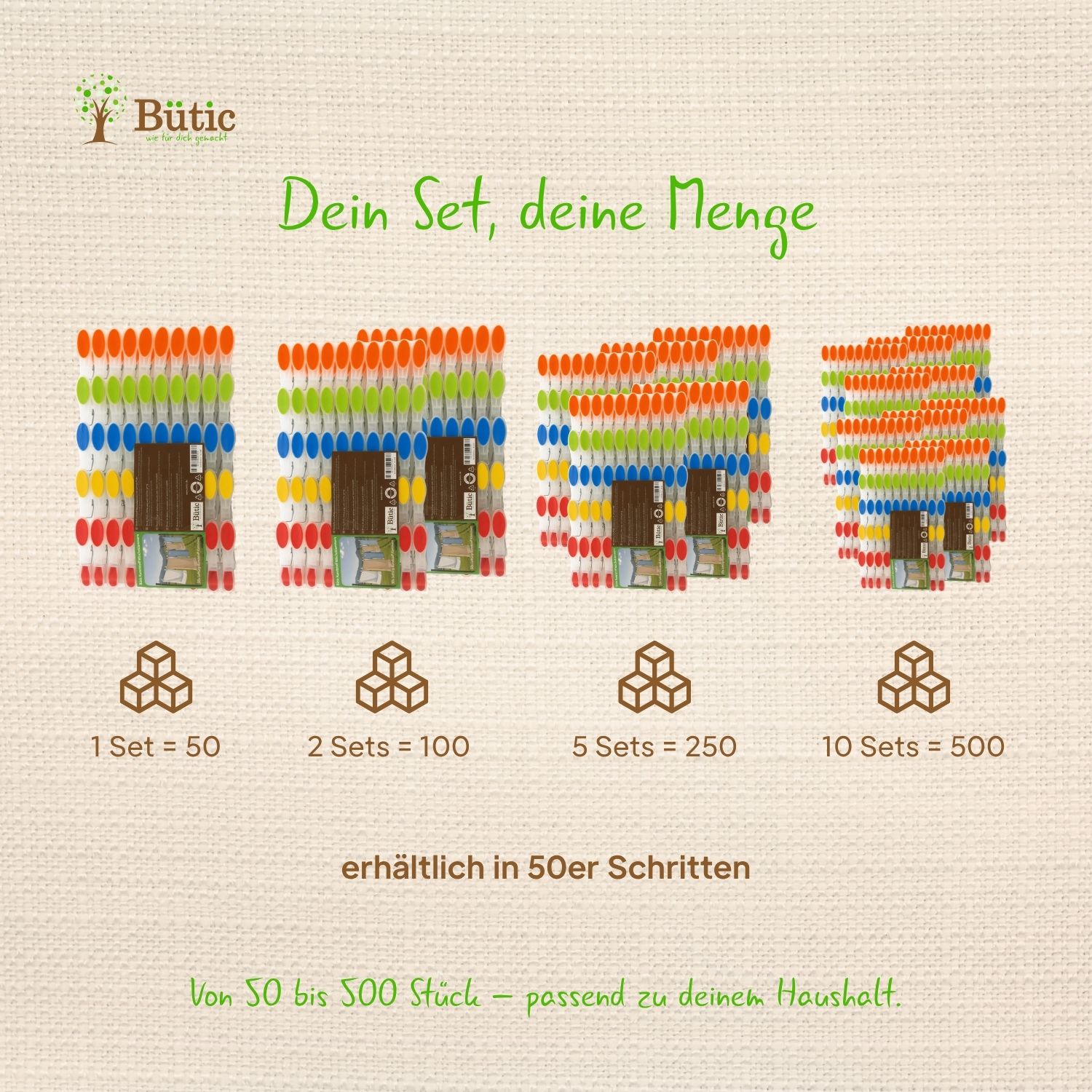 Bütic SoftGrip Wäscheklammern bunt – vier Packungsgrößen nebeneinander mit 50, 100, 250 und 500 Stück in orange, grün, blau, gelb, weiß und rot, erhältlich in 50er Schritten