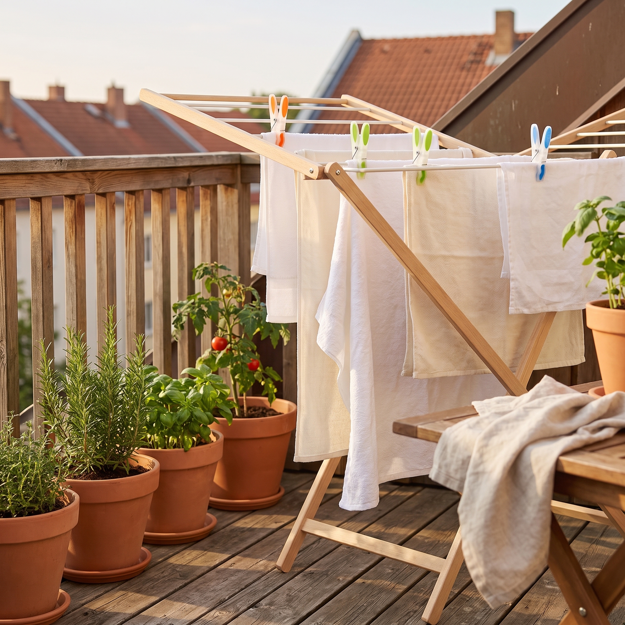 Bunte Kunststoff-Wäscheklammern in Orange, Grün und Blau halten weiße Handtücher auf einem Holz-Wäscheständer auf einem Balkon mit Terrakotta-Töpfen und Kräuterpflanzen.