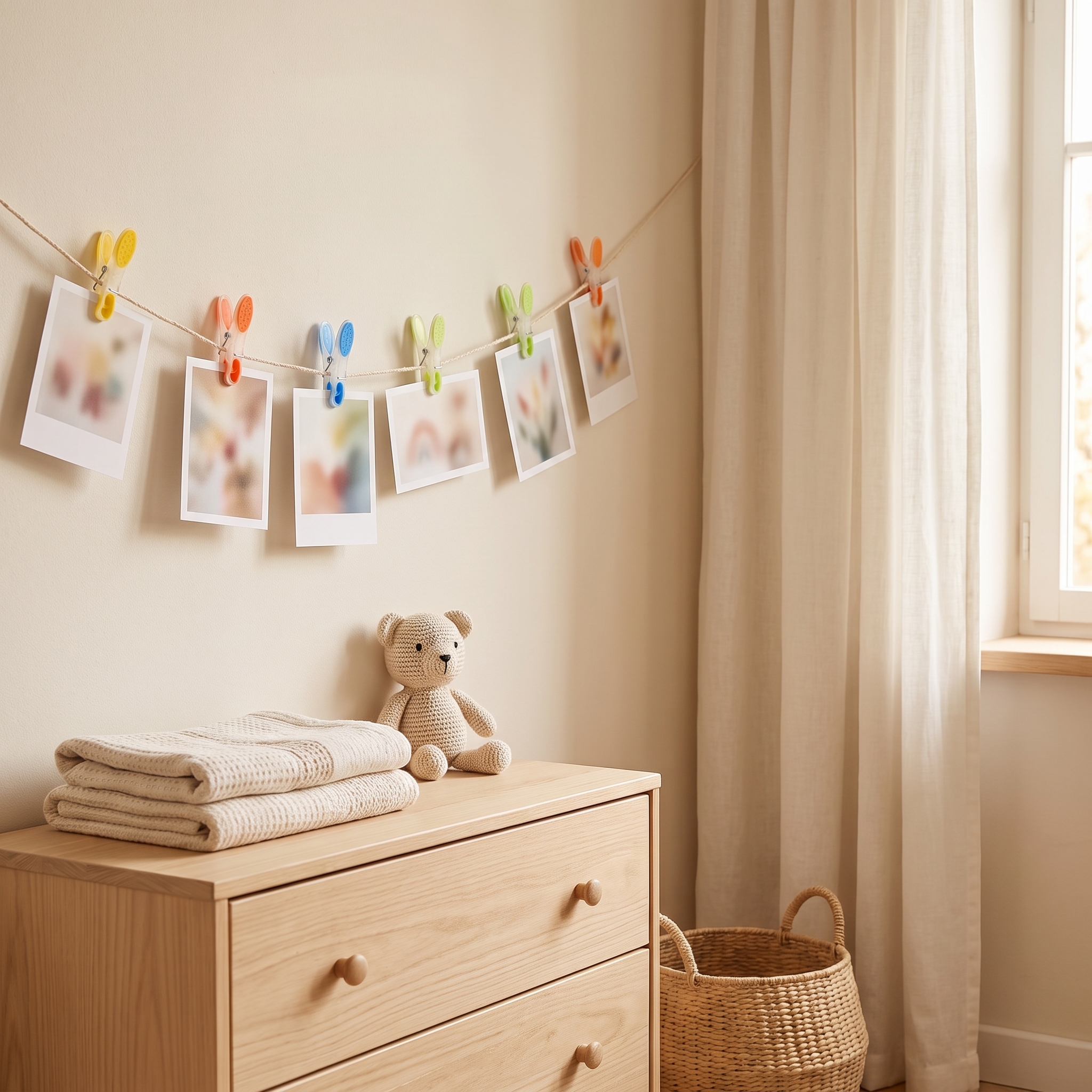 Bunte Kunststoff-Wäscheklammern in Gelb, Orange, Blau und Grün halten Polaroid-Fotos an einer Schnur über einer hellen Holzkommode mit gefalteten Babydecken, gehäkeltem Teddybär und Flechtkorb im Kinderzimmer.
