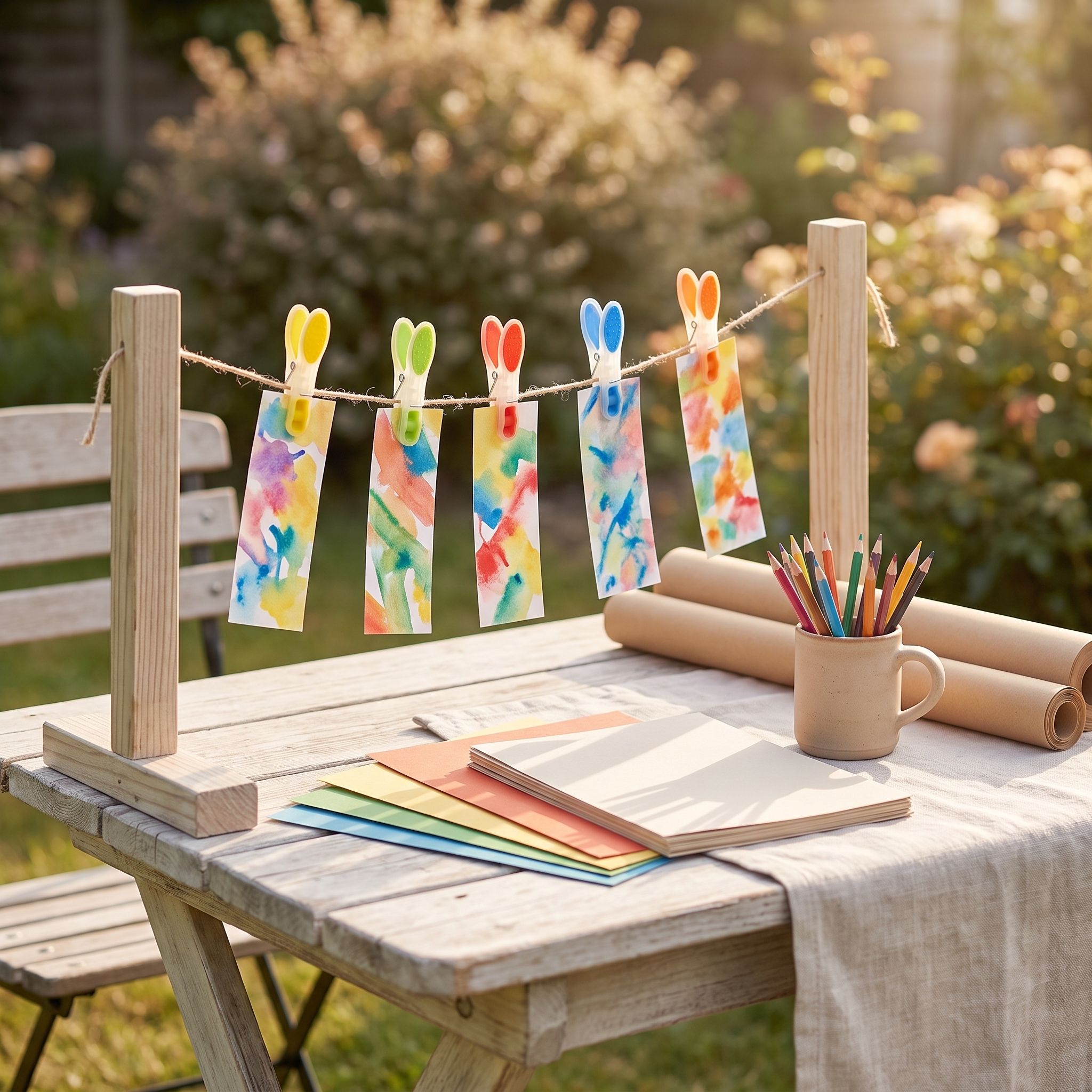 Fünf bunte Kunststoff-Wäscheklammern in Gelb, Grün, Rot, Blau und Orange klemmen bunte Aquarellzeichnungen auf einer Jute-Schnur zwischen zwei Holzpfosten auf einem rustikalen Gartentisch.