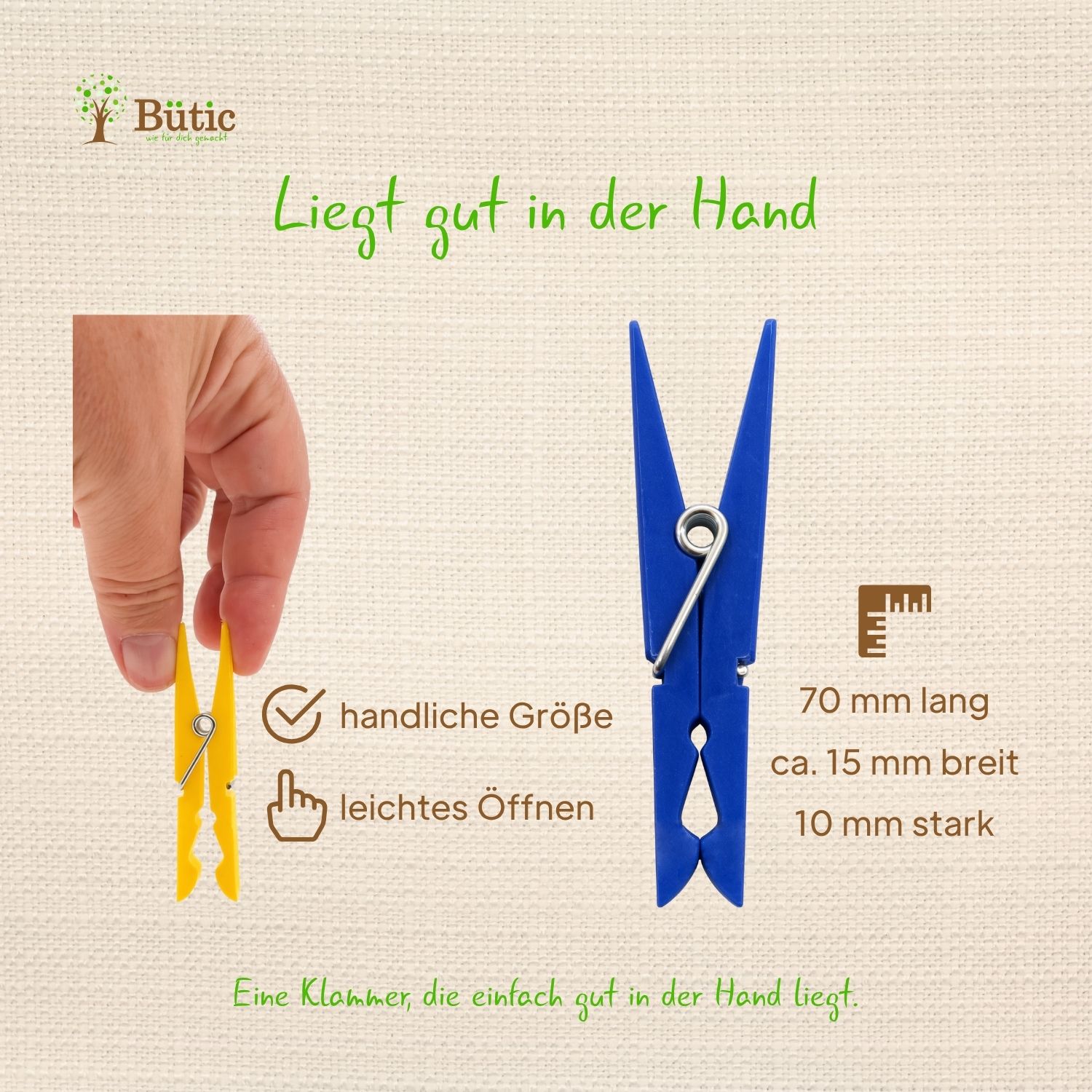 Gelbe Kunststoff-Wäscheklammer zwischen Daumen und Zeigefinger gehalten, daneben blaue Kunststoff-Wäscheklammer mit Metallfeder, Maßangaben 70 mm lang, 15 mm breit, 10 mm stark