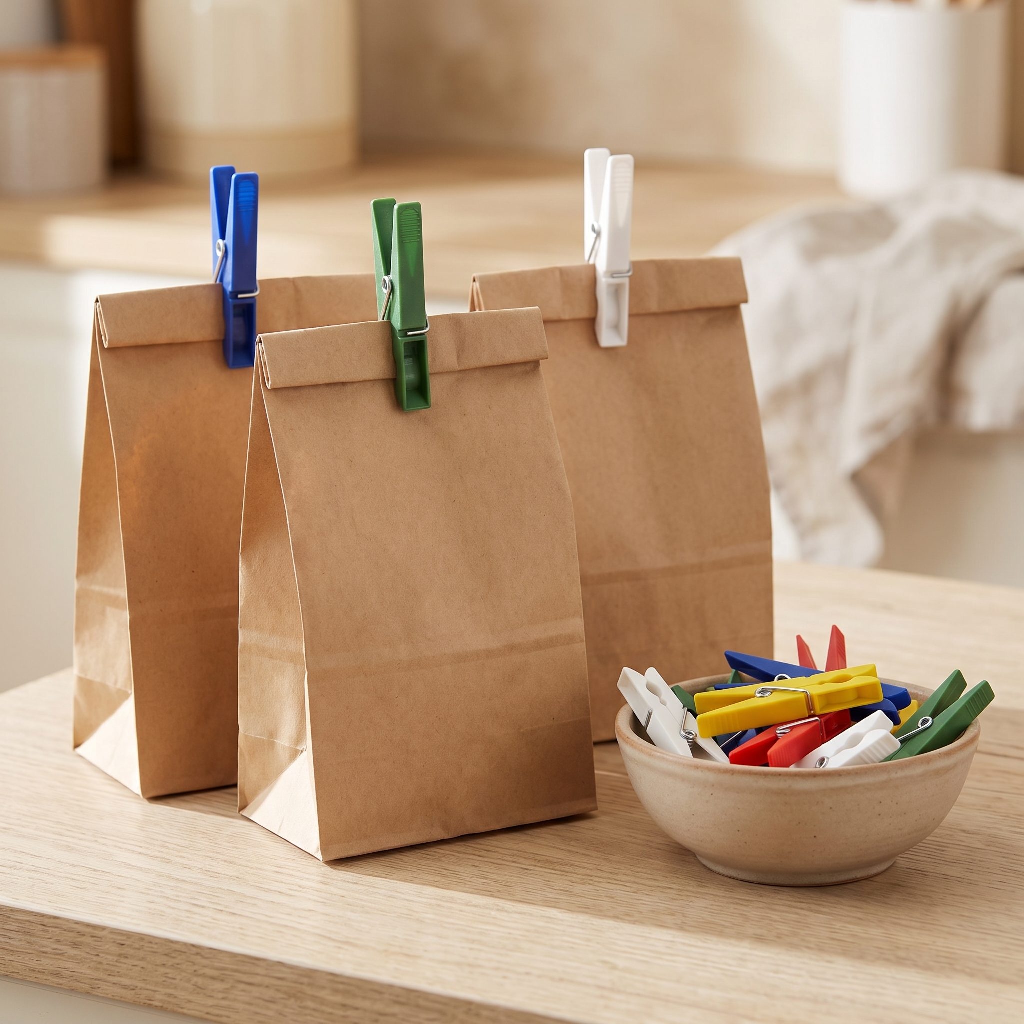Drei gefaltete braune Papiertüten auf einem Holztisch, jeweils mit einer blauen, grünen und weißen Kunststoff-Wäscheklammer verschlossen; daneben eine Keramikschale gefüllt mit bunten Kunststoff-Wäscheklammern in Weiß, Gelb, Rot, Grün und Blau.