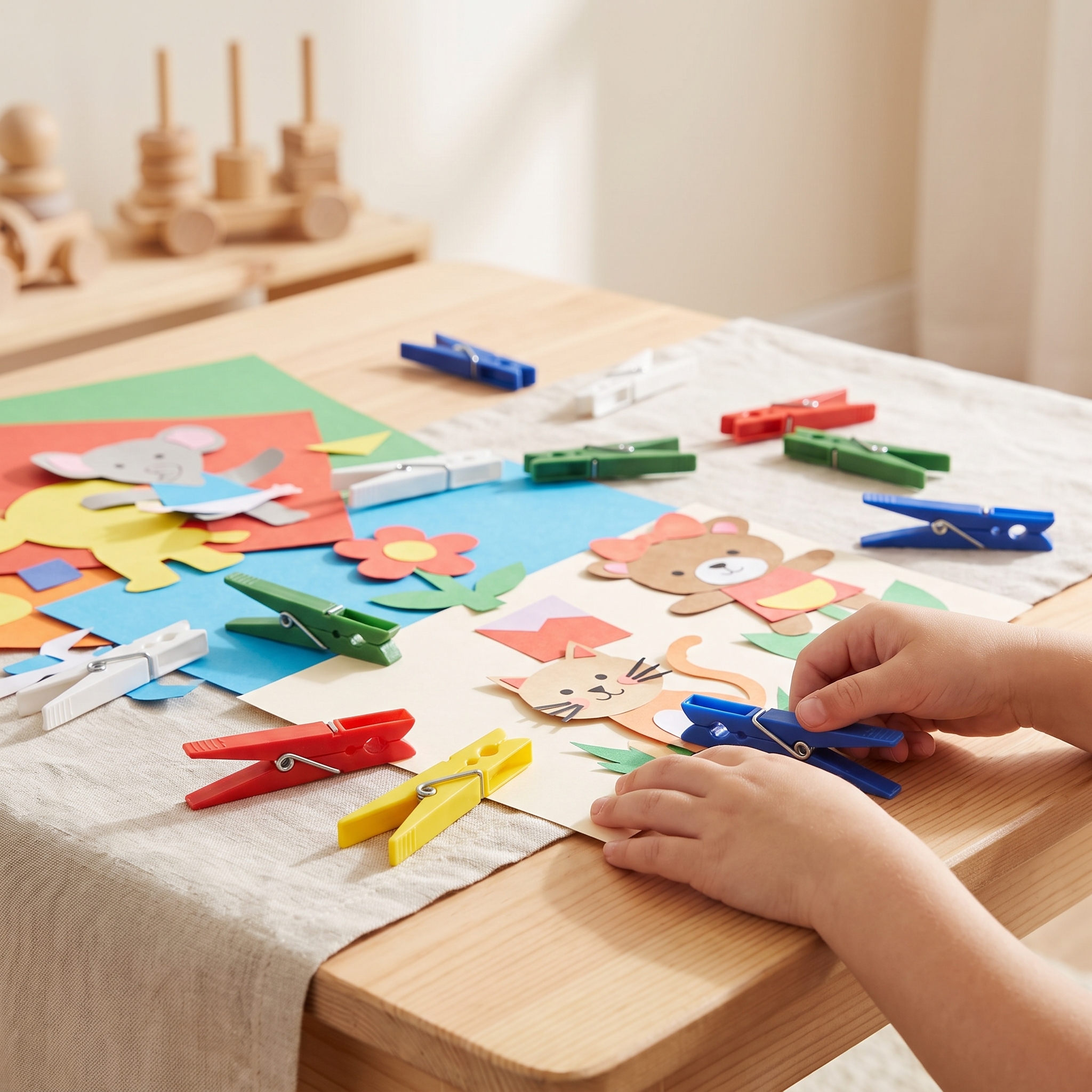 Kinderhände halten eine blaue Kunststoff-Wäscheklammer an einem Bastelprojekt mit ausgeschnittenen Papiertieren – Katze, Bär und Maus – auf einem Holztisch; daneben liegen weitere bunte Wäscheklammern in Rot, Gelb, Grün, Weiß und Blau sowie farbige Papierbögen.