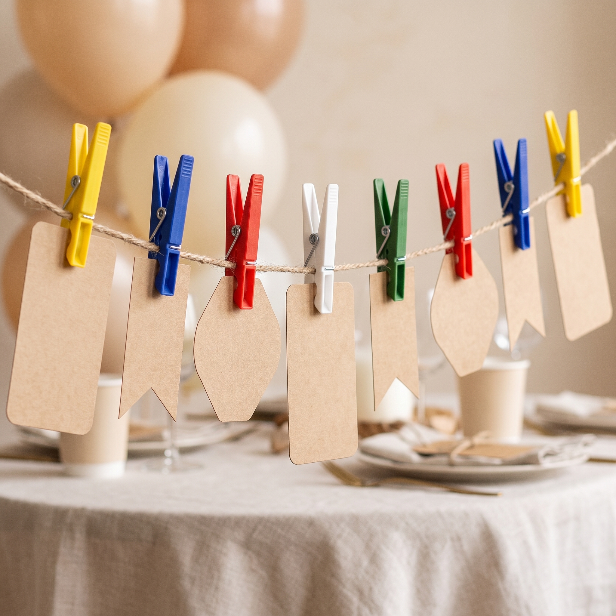 Bunte Kunststoff-Wäscheklammern in Gelb, Blau, Rot, Weiß und Grün auf einer Jute-Schnur, an der verschiedene leere Kraftpapier-Anhänger in unterschiedlichen Formen befestigt sind, vor einem Partytisch-Hintergrund mit beigen Luftballons.