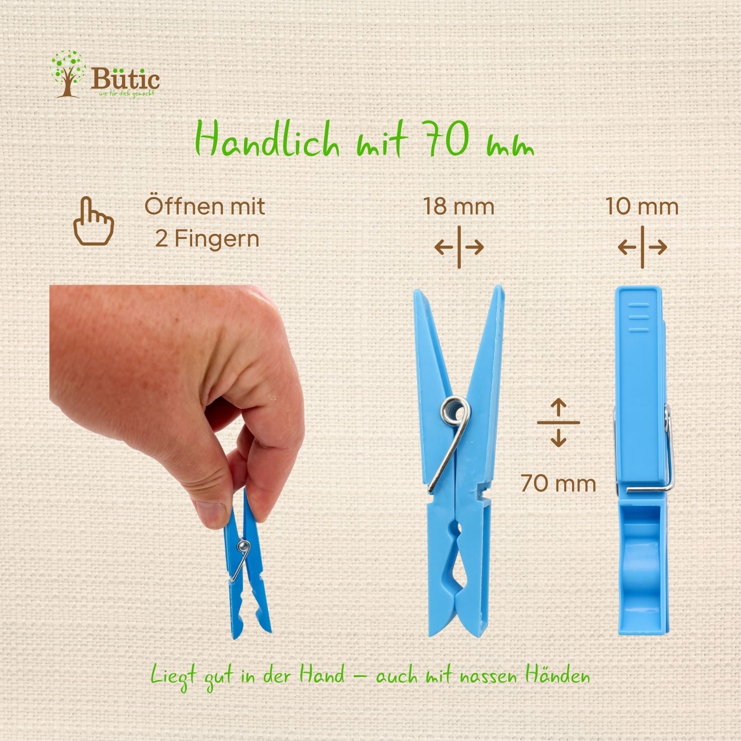 Blaue Kunststoff-Wäscheklammer 70 mm lang, 18 mm breit, mit Metallfeder – Vorder- und Seitenansicht sowie Hand, die die Klammer mit zwei Fingern öffnet