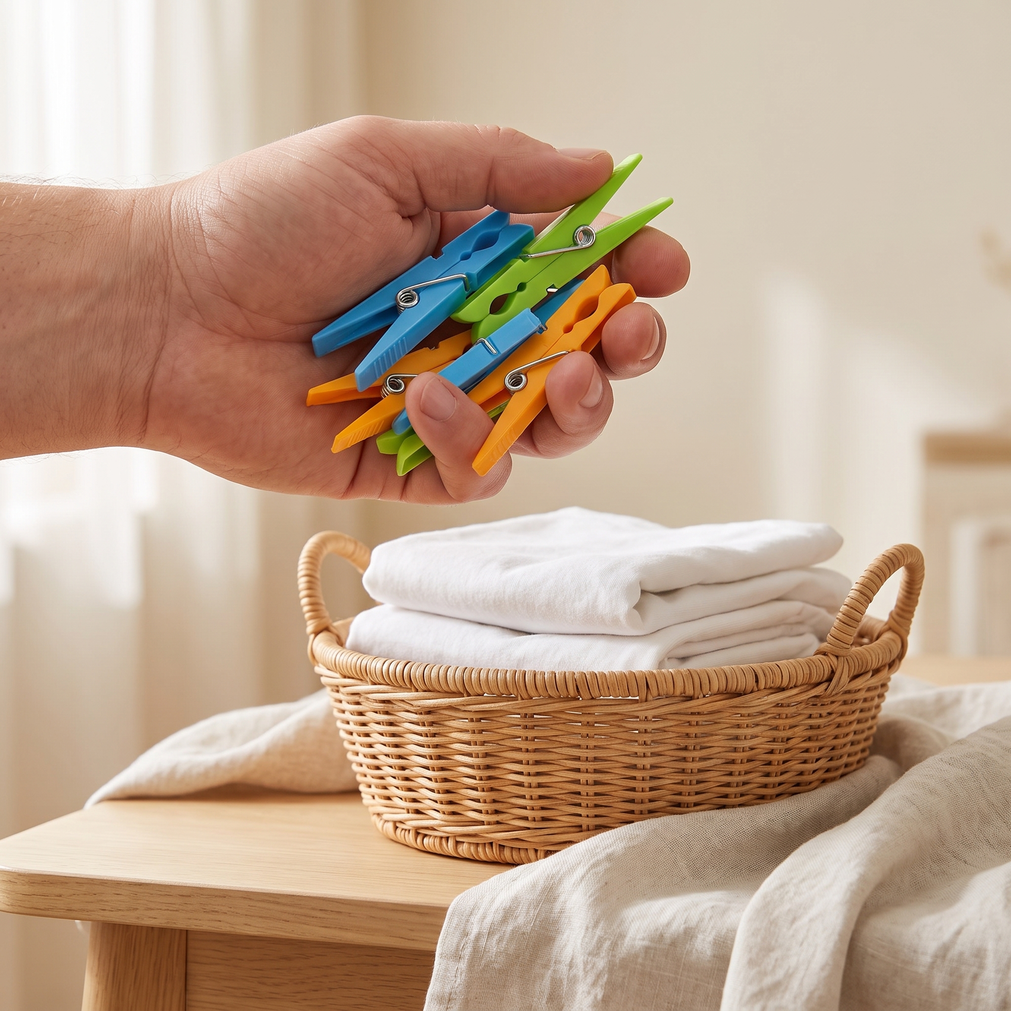 Hand hält mehrere bunte Kunststoff-Wäscheklammern in Blau, Grün und Orange über einem geflochtenen Weidenkorb mit gefalteter weißer Wäsche auf einem Holztisch