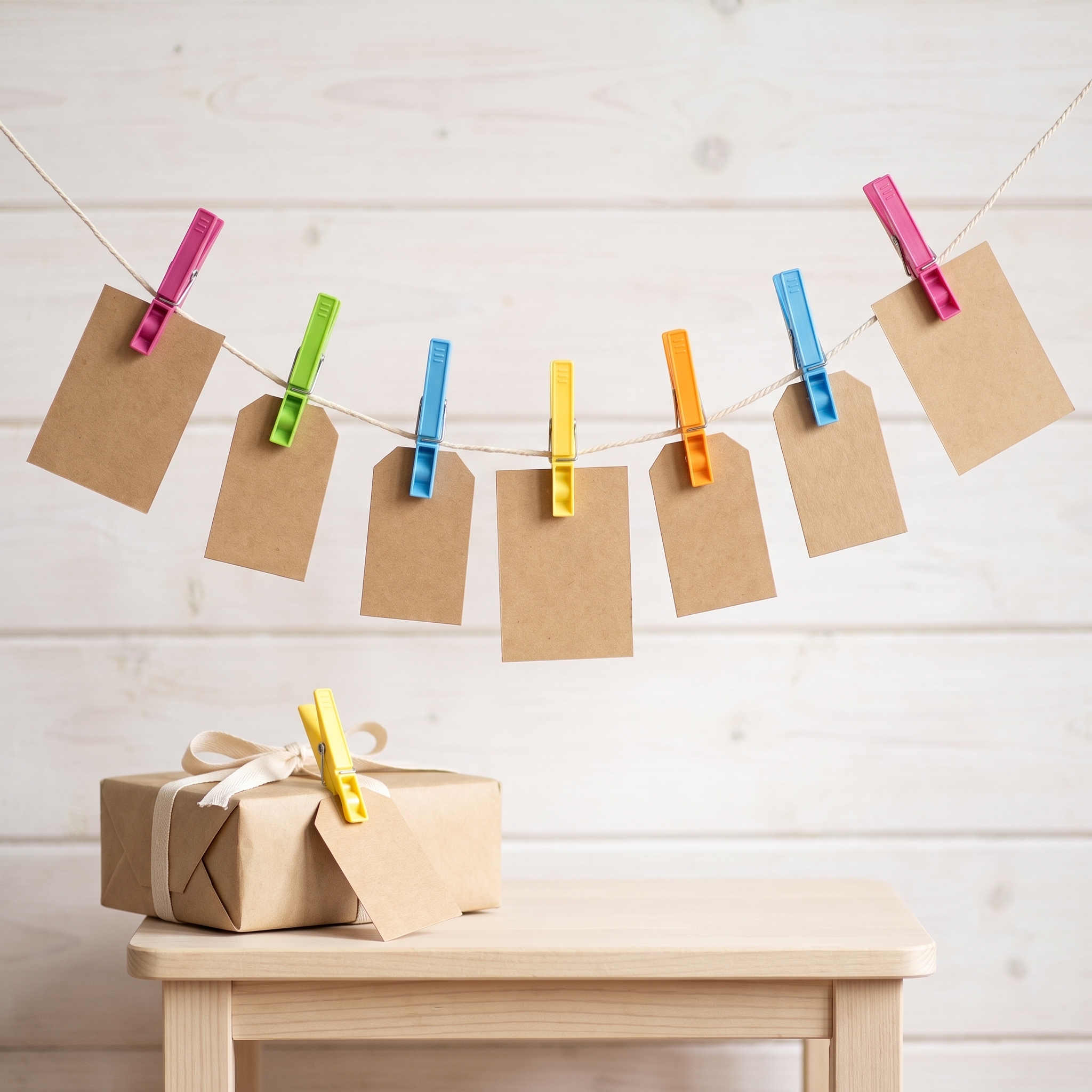 Bunte Kunststoff-Wäscheklammern in Pink, Grün, Blau, Gelb, Orange und Hellblau halten leere Kraftpapier-Karten an einer Schnur; eine gelbe Klammer befestigt ein Geschenkanhänger an einem in Kraftpapier eingewickelten Geschenk mit weißer Schleife auf einem Holztisch vor weißer Holzwand.