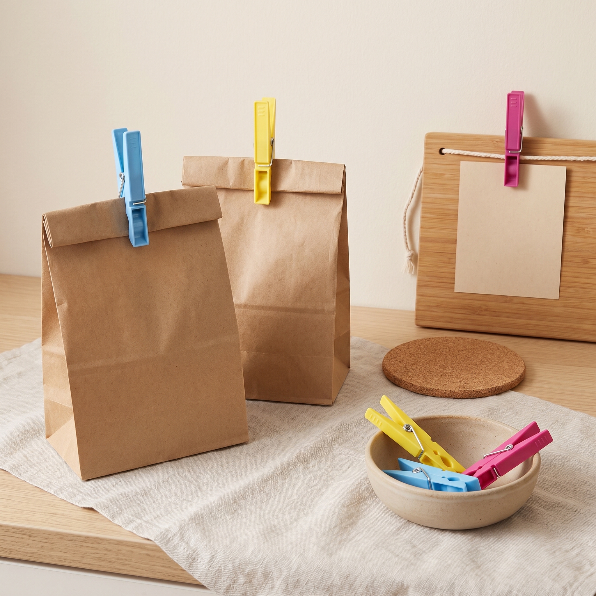 Blaue, gelbe und pinke Kunststoff-Wäscheklammern in Pastellfarben, eingesetzt als Verschluss an zwei braunen Papiertüten und als Halter für eine Karte an einem Holzbrett; weitere Klammern liegen in einer kleinen Keramikschale auf einem Holztablett.