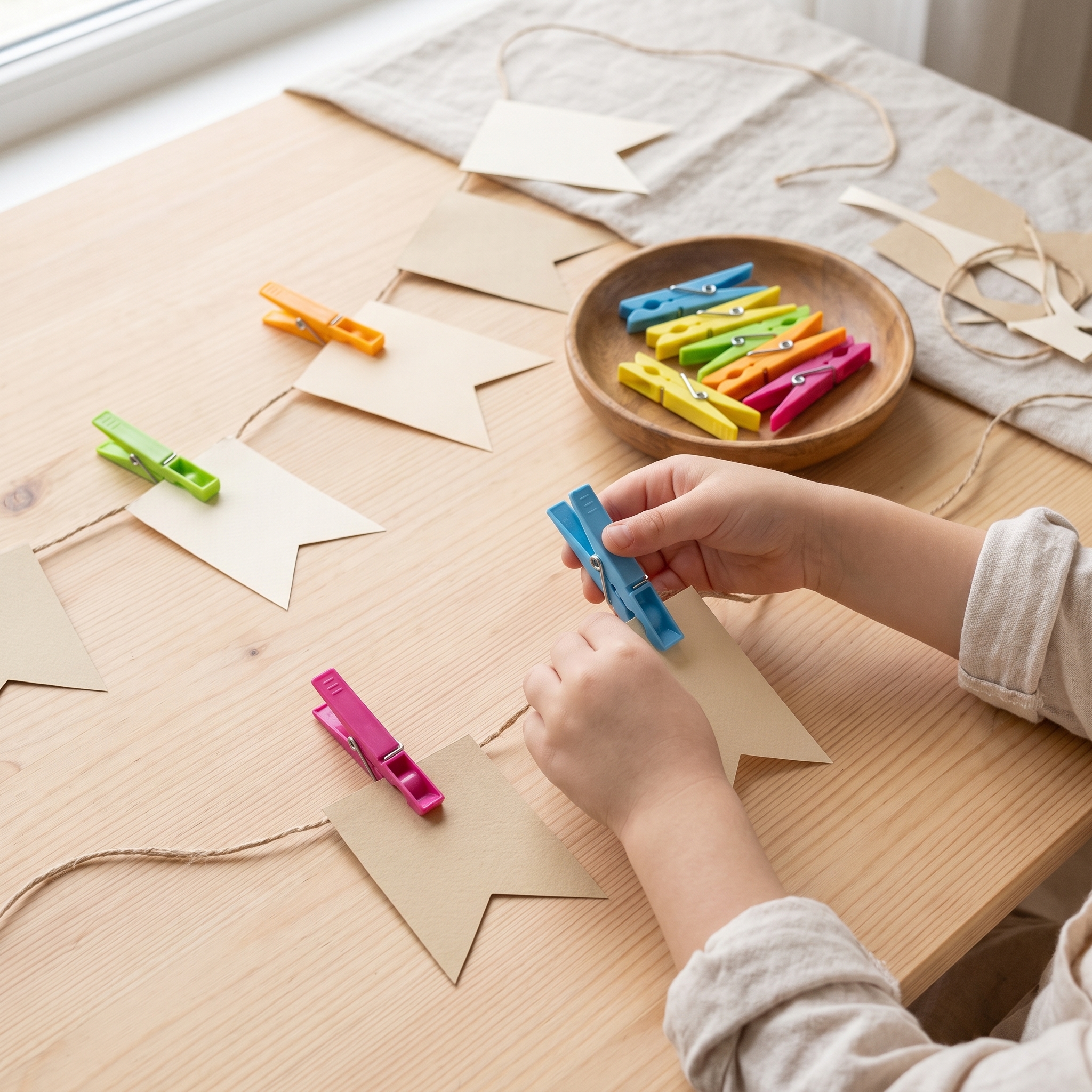 Kinderhände befestigen eine blaue Kunststoff-Wäscheklammer an einem Kraftpapier-Wimpel auf einem Holztisch, daneben bunte Wäscheklammern in Pink, Grün und Orange sowie eine Holzschale mit weiteren bunten Klammern in Blau, Grün, Gelb, Orange und Pink