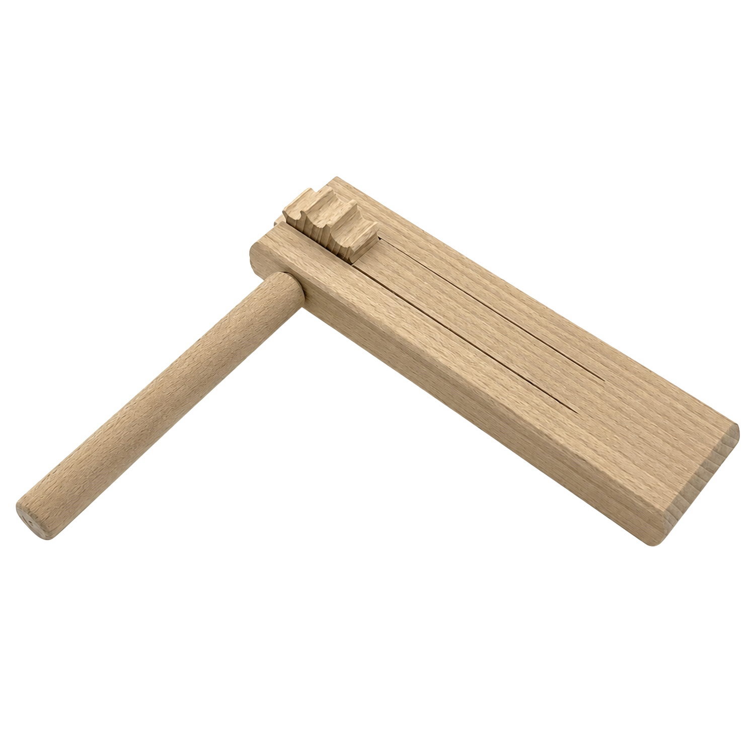 Holzratsche aus hellem Buchenholz mit rechteckigem Korpus, zwei Längsschlitzen auf der Oberseite, gezahntem Klöppel und seitlich angebrachtem zylindrischem Griff