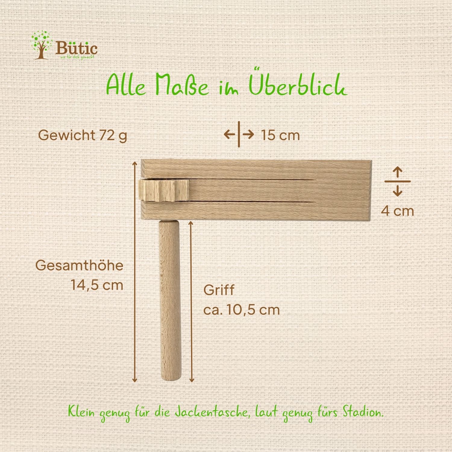 Maßübersicht einer Holzratsche aus Buchenholz mit Beschriftungen: Breite 15 cm, Höhe 4 cm, Gesamthöhe 14,5 cm, Grifflänge ca. 10,5 cm, Gewicht 72 g