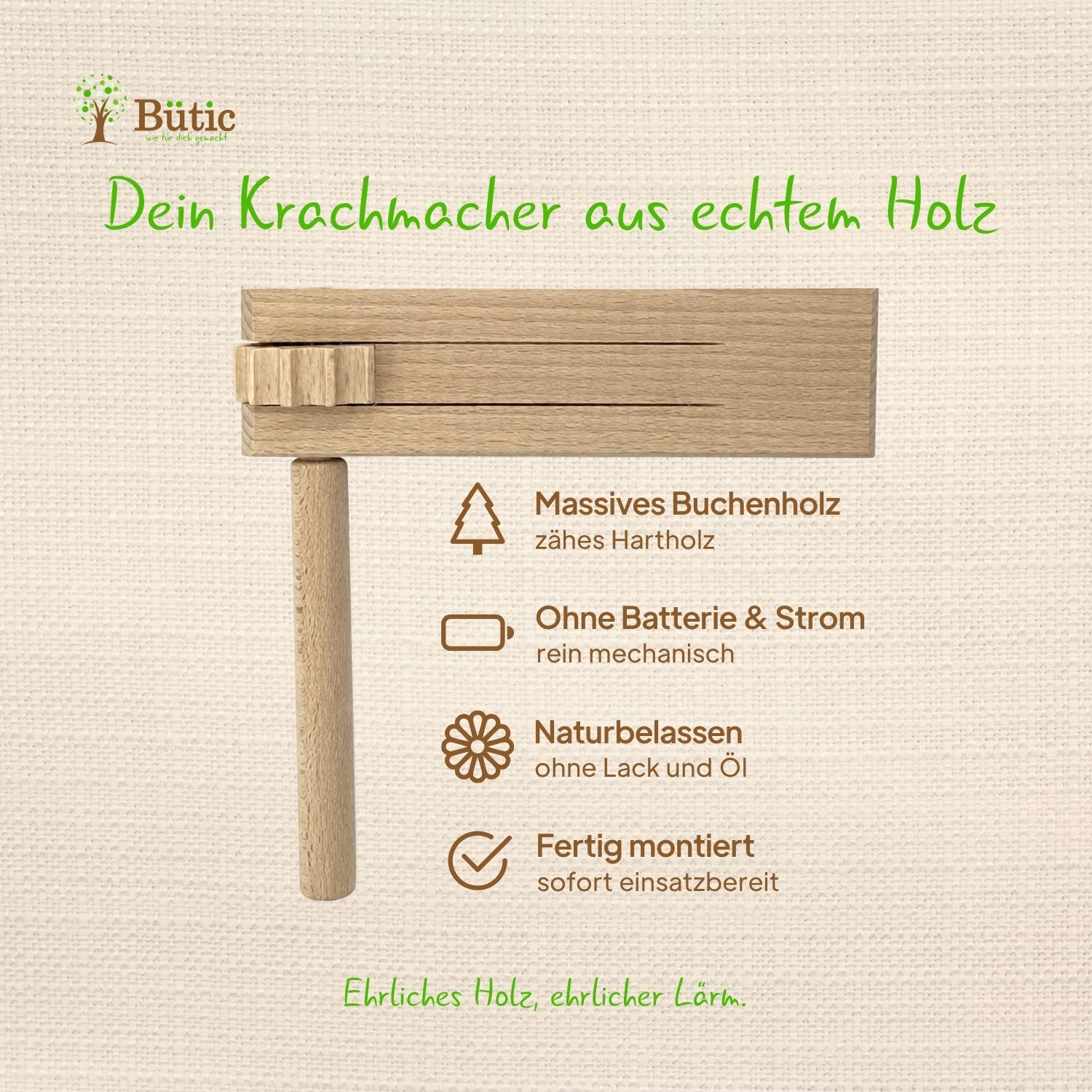 Holzratsche aus naturbelassenem Buchenholz mit rundem Griffstiel und rechteckigem Klangkörper, Bütic-Produktbild mit Aufschrift „Dein Krachmacher aus echtem Holz" und vier Produkt-Highlights: massives Buchenholz, ohne Batterie & Strom, naturbelassen, fertig montiert