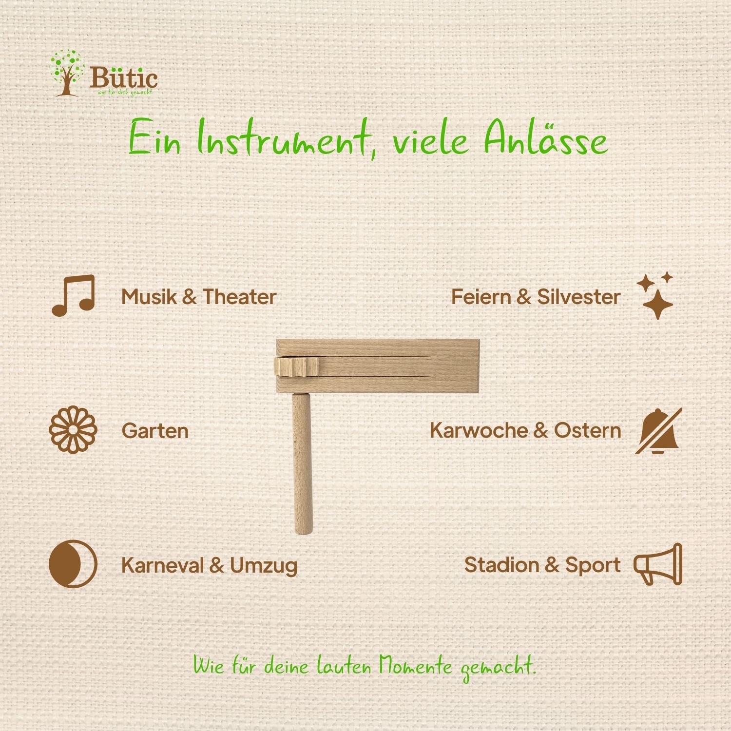 Holzratsche aus hellem Buchenholz mit rundem Griff und rechteckigem Klangkörper, umgeben von Einsatzbereichen: Musik & Theater, Feiern & Silvester, Garten, Karwoche & Ostern, Karneval & Umzug, Stadion & Sport