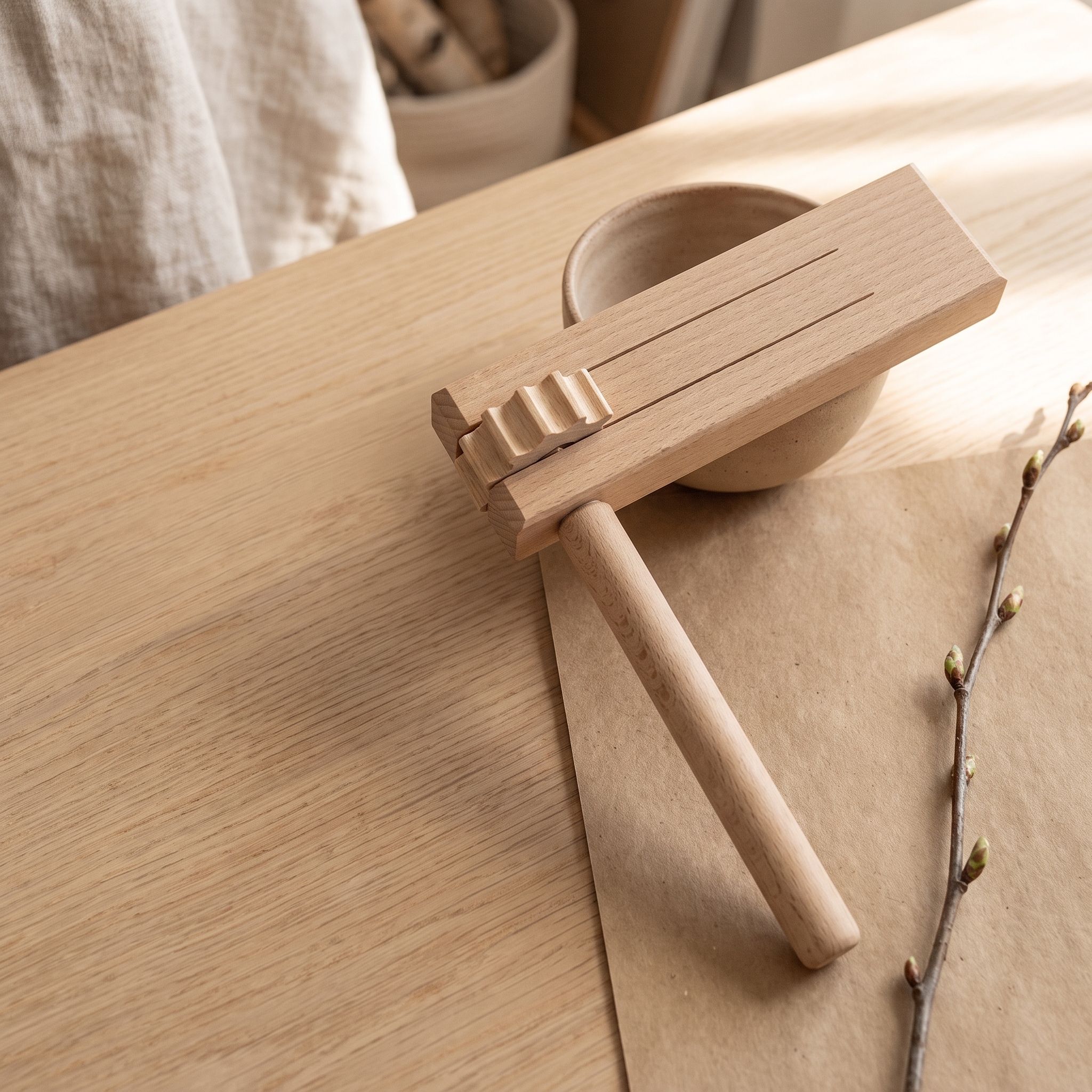Holzratsche aus hellem Buchenholz mit rundem Griff und gezahntem Zahnrad, liegend auf einem Holztisch neben einem kleinen Keramikschälchen und einem Zweig mit Knospen