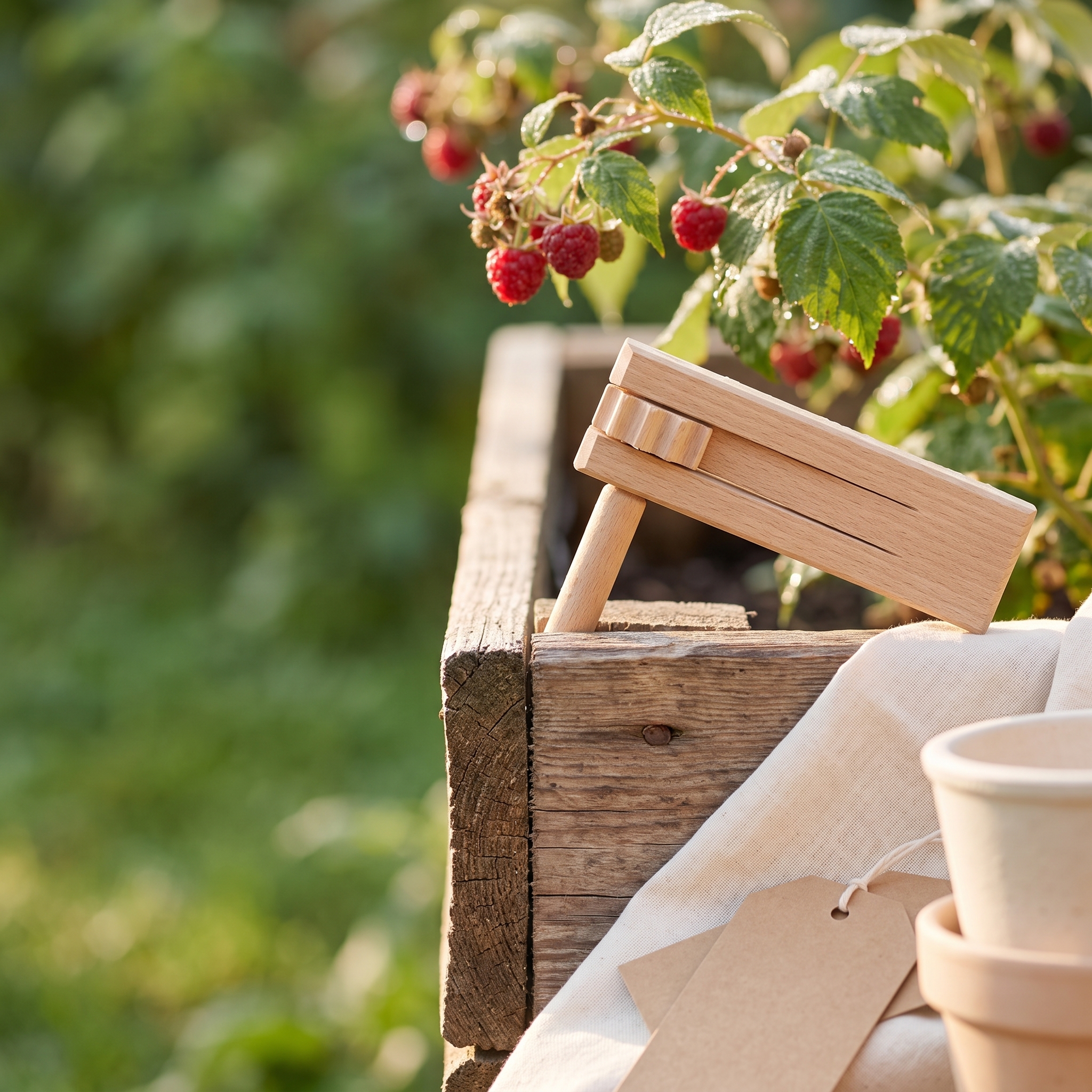 Holzratsche aus hellem Buchenholz lehnt an einem rustikalen Holzkasten mit roter Himbeerstrauch-Bepflanzung, daneben cremefarbenes Tuch, Tontopf und Kraftpapier-Etikett im Garten-Setting.