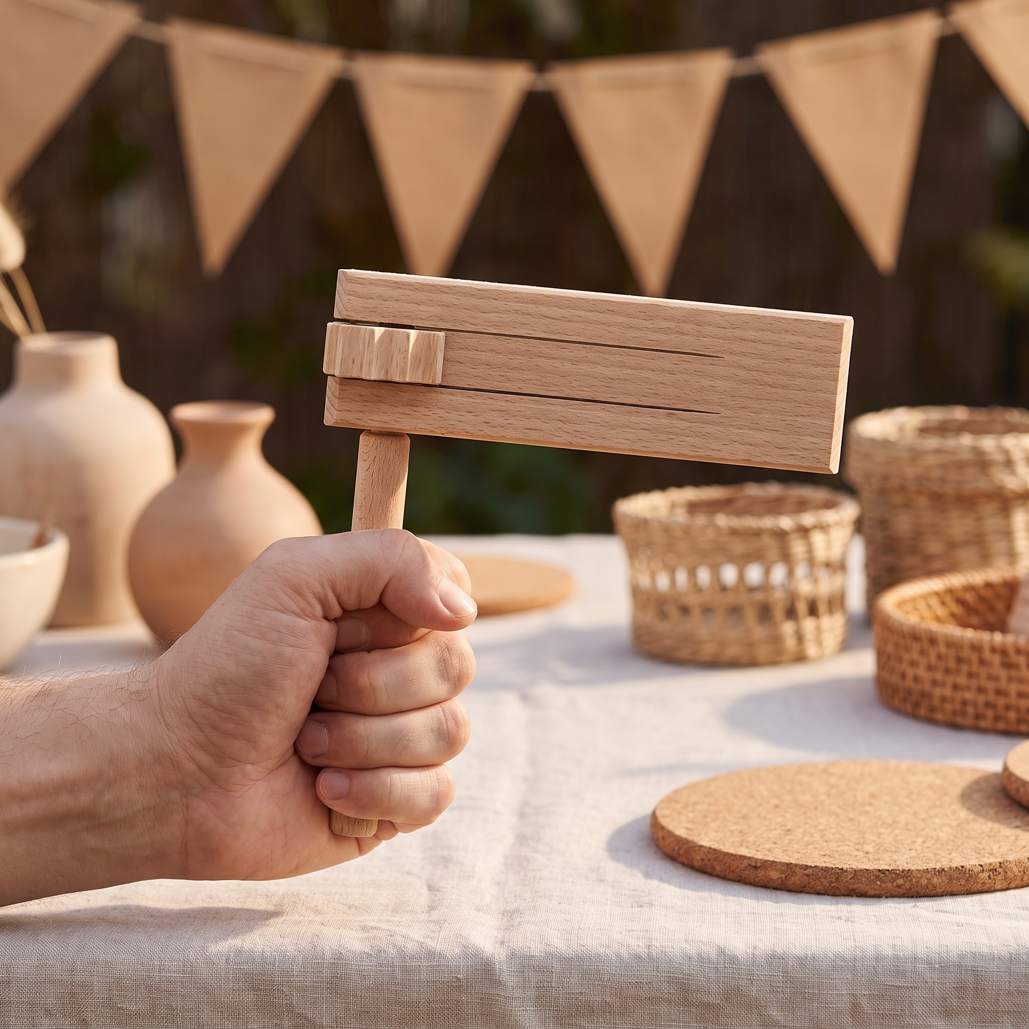 Männliche Hand hält eine Holzratsche aus hellem Buchenholz mit kurzem Stiel, im Hintergrund beige Keramikvasen, geflochtene Körbe, Korkscheiben und eine Wimpelkette auf einem weißen Tischtuch