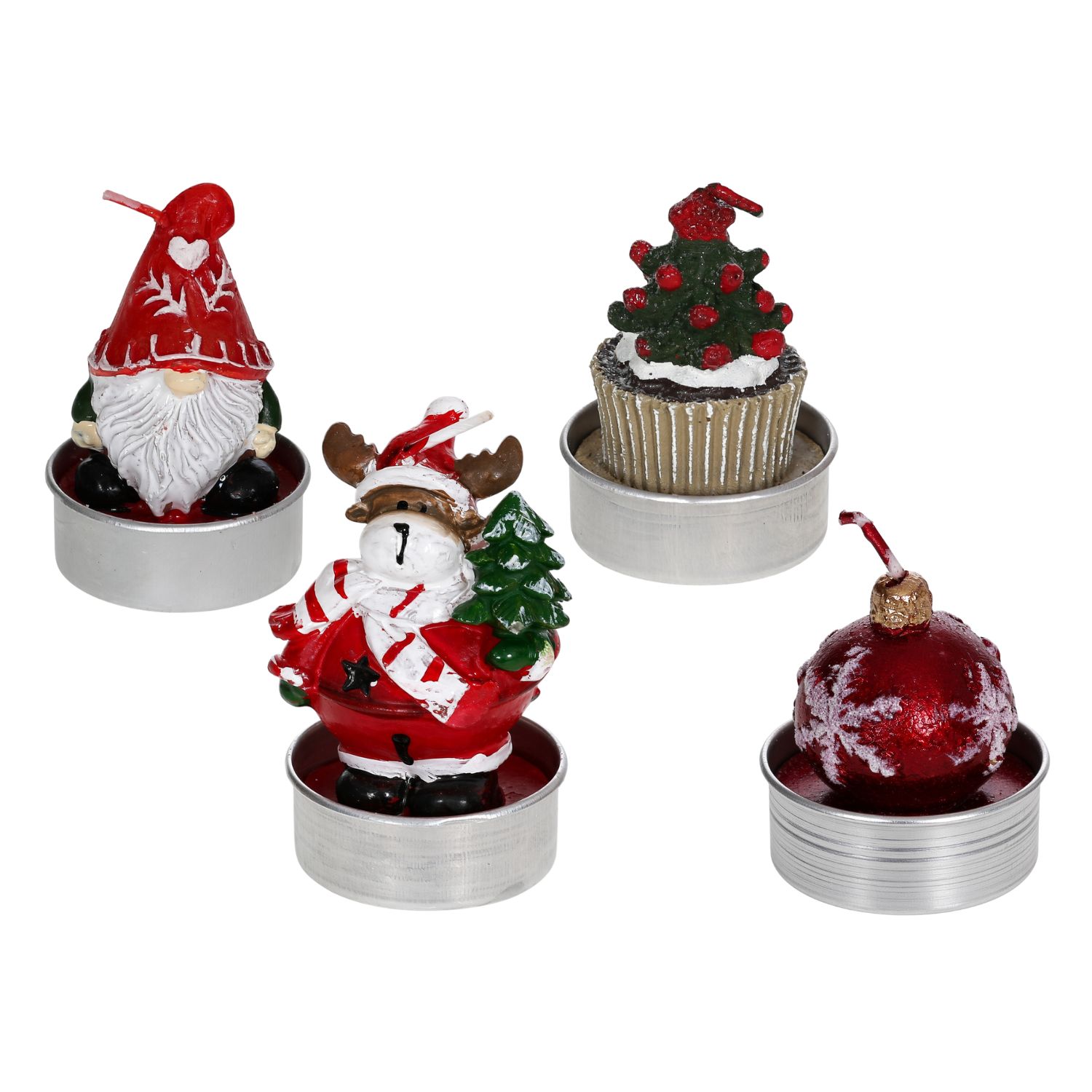 Vier weihnachtliche Teelichter in Silberhüllen mit rot-grünen Wachsfiguren: Wichtel mit roter Mütze, Rentier im Weihnachtsmannkostüm mit Tannenbaum, Cupcake mit Weihnachtsbaum-Topping und roter Christbaumkugel mit Schneeflocken-Muster.