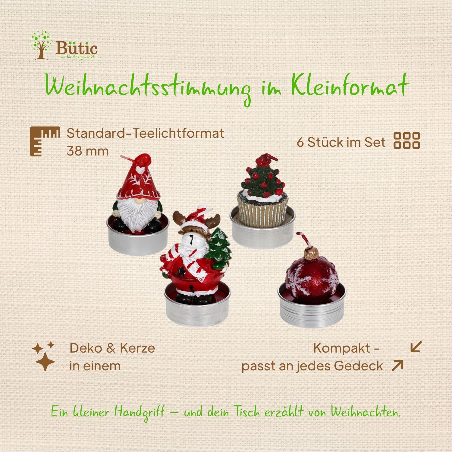 Vier weihnachtliche Motiv-Teelichter im Standard-Teelichtformat 38 mm auf beigem Hintergrund: Wichtel mit roter Mütze, Elch im roten Weihnachtsmantel mit Schal und Tannenbaum, Cupcake mit Tannenbaum-Topping sowie rote Weihnachtskugel mit Schneeflocken-Muster – alle in silbernen Teelichtbehältern.