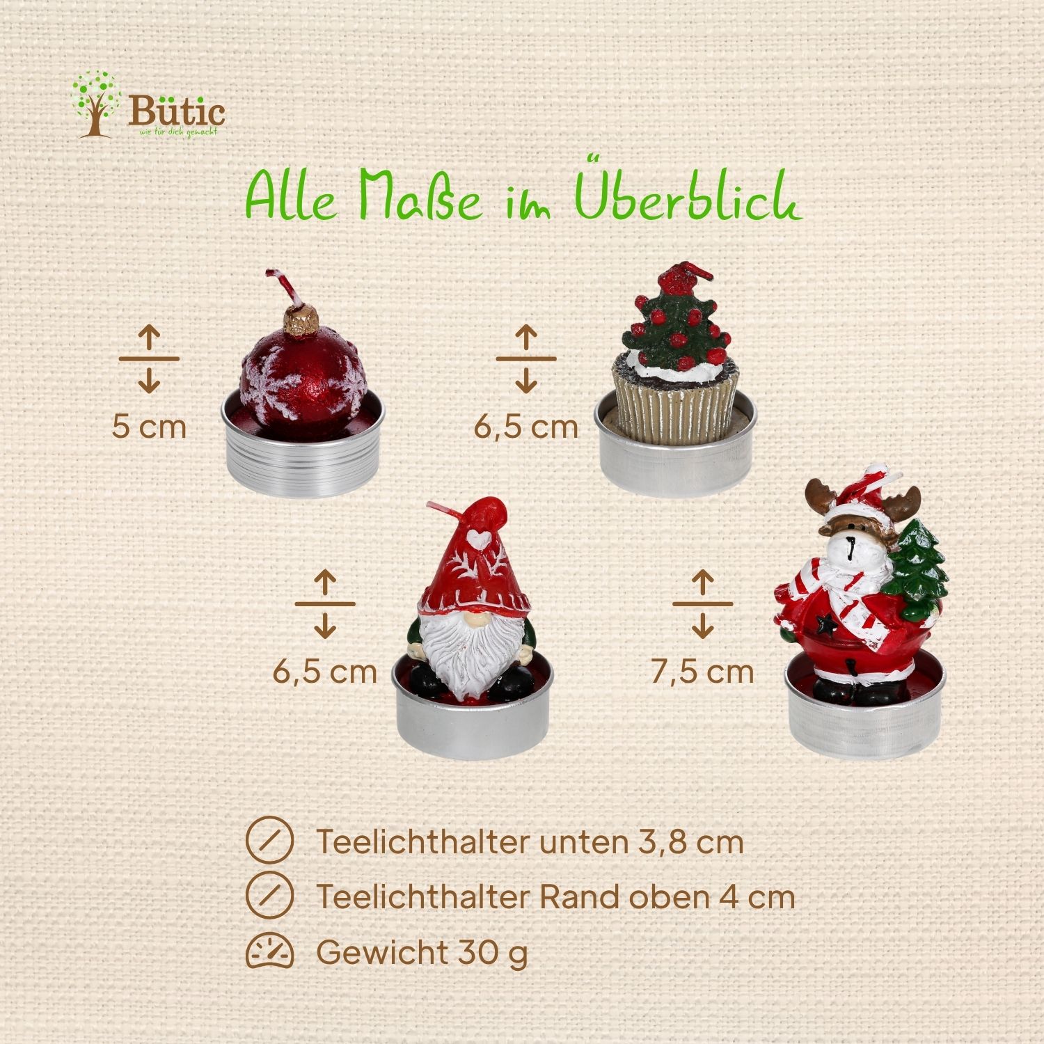 Maßübersicht vier weihnachtlicher Motiv-Teelichter in Silber-Teelichthaltern: rote Weihnachtskugel (5 cm), Cupcake mit Weihnachtsbaum (6,5 cm), Weihnachtswichtel mit roter Mütze (6,5 cm) und Rentier in rotem Mantel mit Tannenbaum (7,5 cm); Teelichthalter-Durchmesser unten 3,8 cm, oben 4 cm, Gewicht 30 g