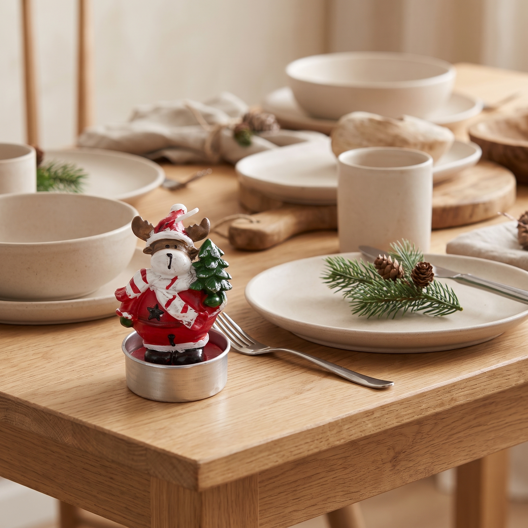 Teelichter-Teelicht in Elch-Figur mit rotem Weihnachtsoutfit und grünem Tannenbaum auf Holztisch, daneben cremefarbenes Keramikgeschirr mit Tannenzweig und Zapfen als Tischdekoration