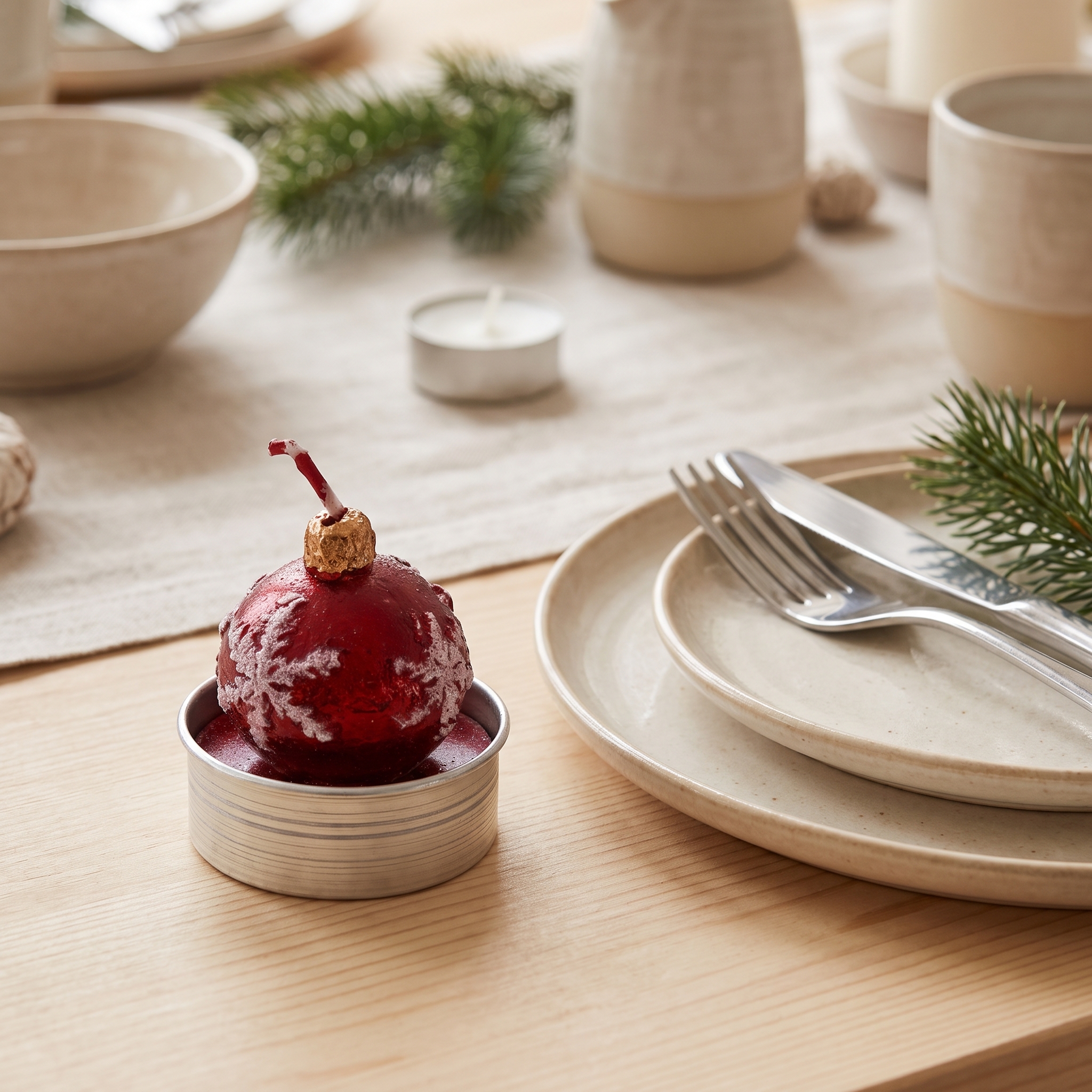 Rotes Teelicht in Weihnachtskugel-Form mit weißem Schneeflocken-Muster in einem silbernen Teelichthalter, auf einem hellen Holztisch neben beigen Keramiktellern, Besteck und Tannenzweigen