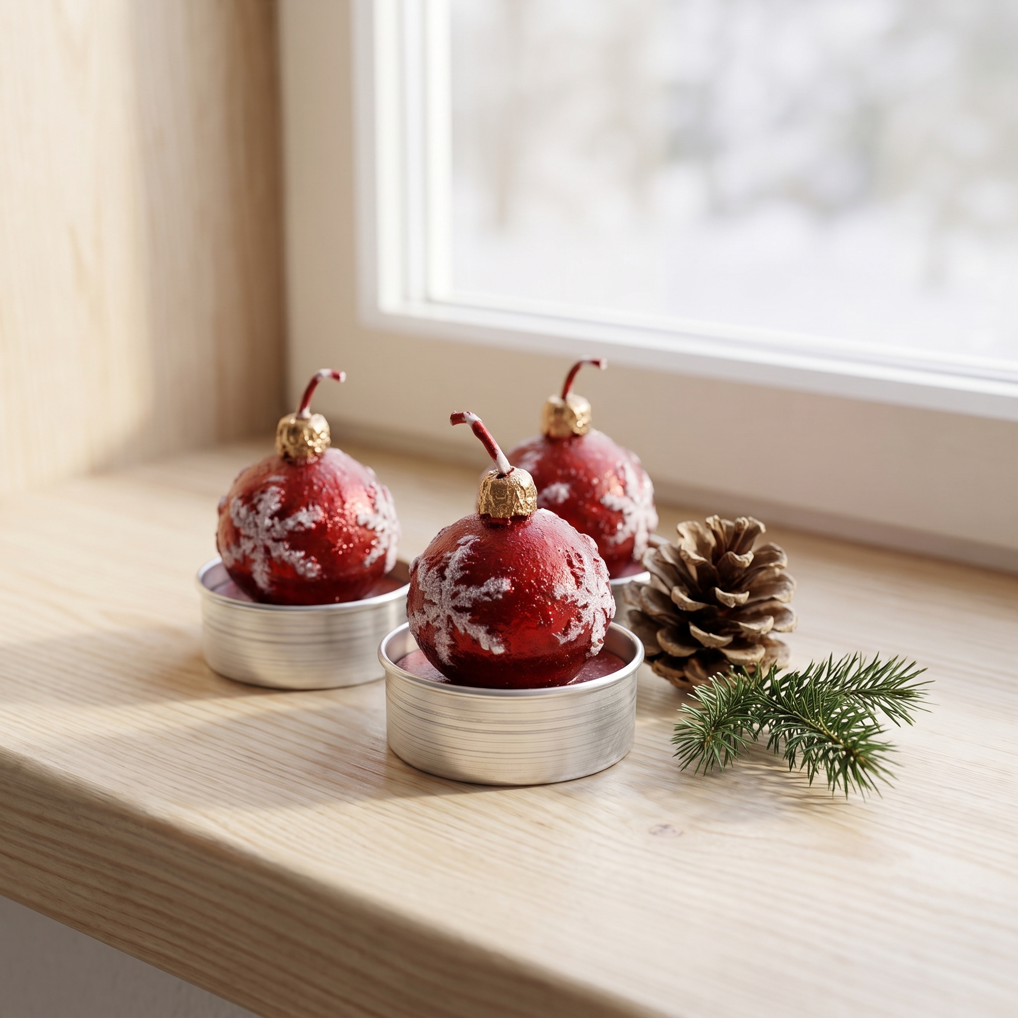 Drei rote Teelichter in Weihnachtskugel-Form mit weißen Schneeflocken-Motiven und goldenen Kappen in silbernen Teelichthaltern, auf einer Holzfensterbank neben einem Tannenzapfen und einem Tannenzweig.