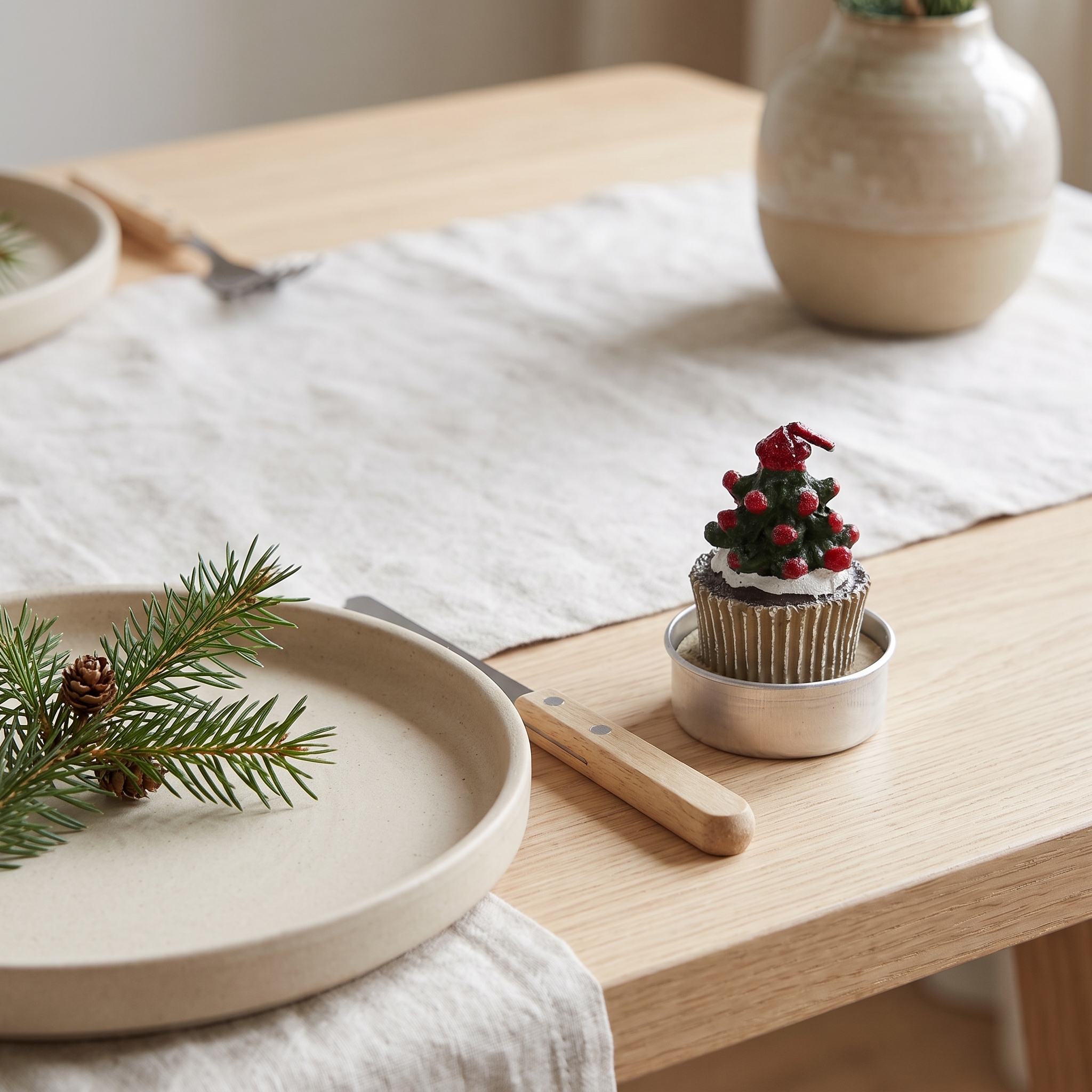 Weihnachtsbaum-Teelicht in goldener Metallhülle auf kleinem Holztablett, dekoriert mit roten Beeren und grünen Ästen, auf hellem Holztisch neben mattem Keramikteller mit Tannenzweig und Zapfen sowie heller Leinentischdecke