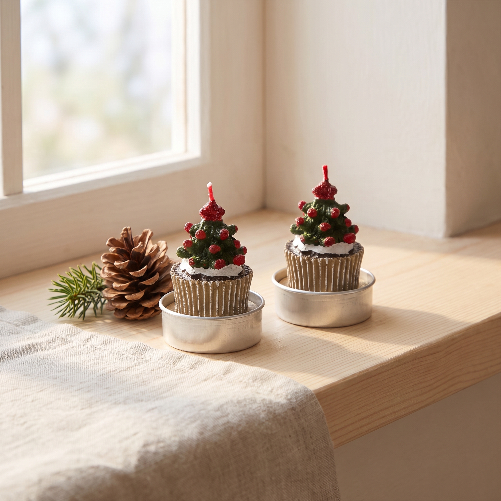 Zwei Teelicht-Kerzen in Cupcake-Form mit grünem Weihnachtsbaum-Motiv, roten Beeren und rotem Docht, in silbernen Teelichthaltern auf einer Holzfensterbank, dekoriert mit einem Tannenzapfen und einem Tannenzweig.