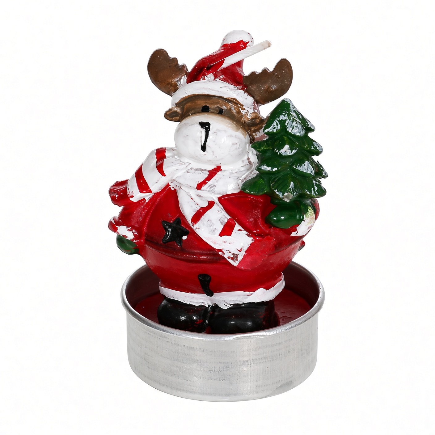 Teelichter-Rentier-Figur in rotem Weihnachtsmantel mit weißem Schal, grünem Weihnachtsbaum und Rentiergeweih mit Weihnachtsmütze, in silberner Teelicht-Hülle