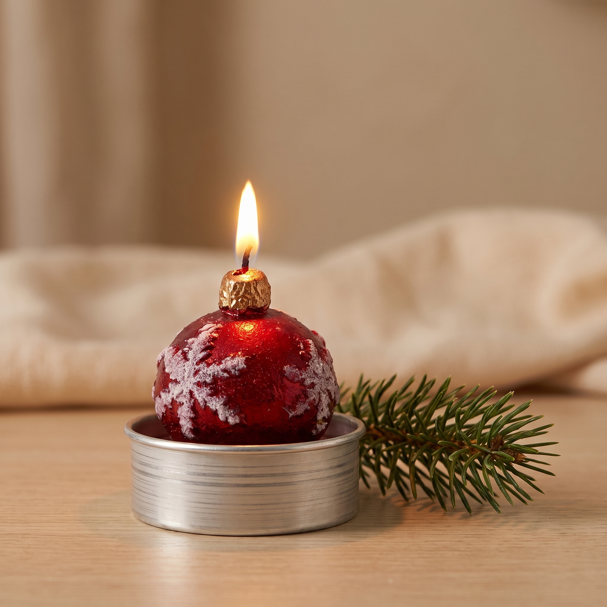 Brennendes Teelicht in Form einer roten Weihnachtskugel mit weißem Schneeflocken-Muster und goldenem Docht-Aufsatz, in silbernem Teelichthalter, daneben ein grüner Tannenzweig auf hellem Holzuntergrund